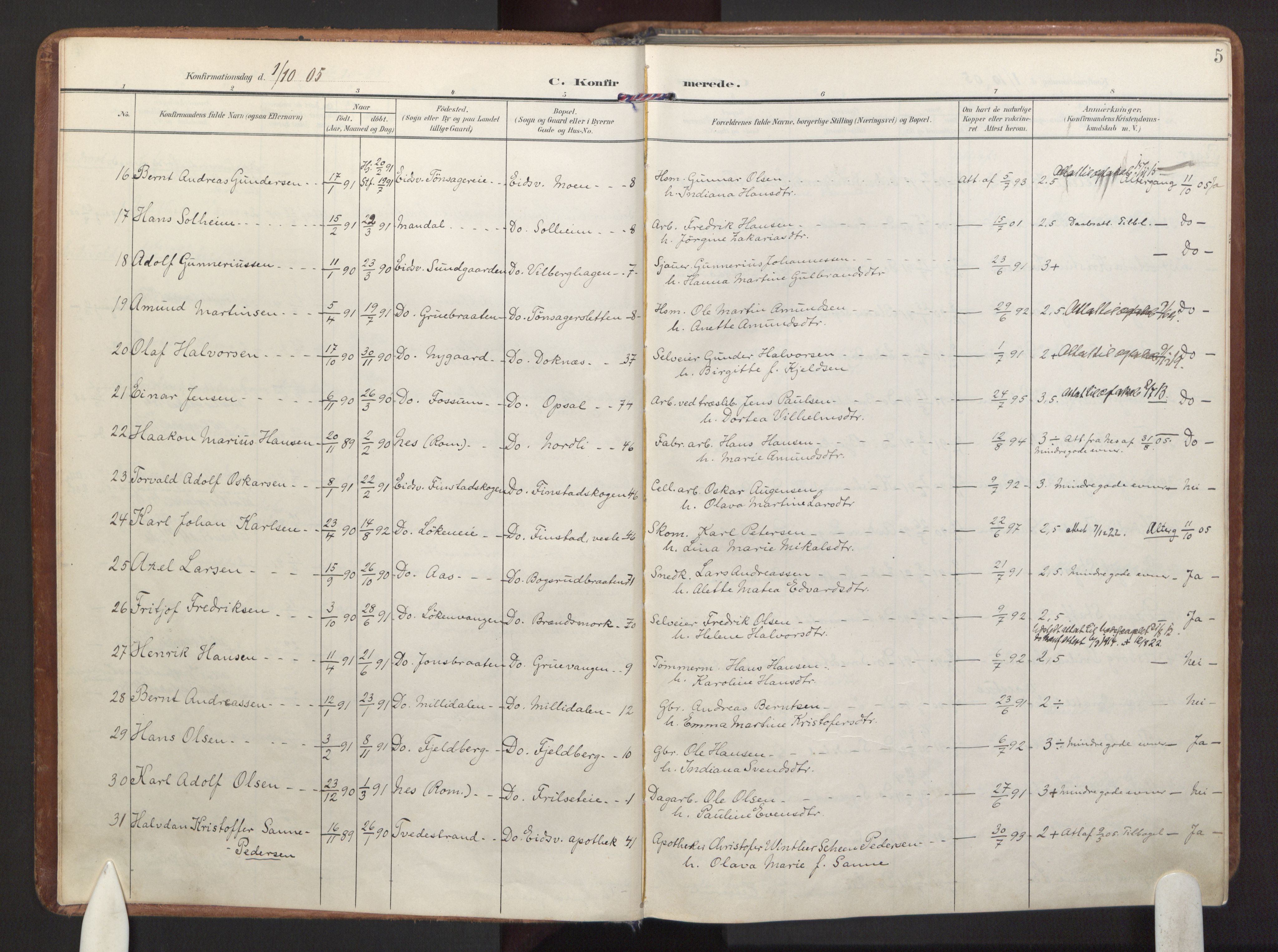 Eidsvoll prestekontor Kirkebøker, SAO/A-10888/F/Fa: Parish register (official) no. I 7, 1905-1920, p. 5