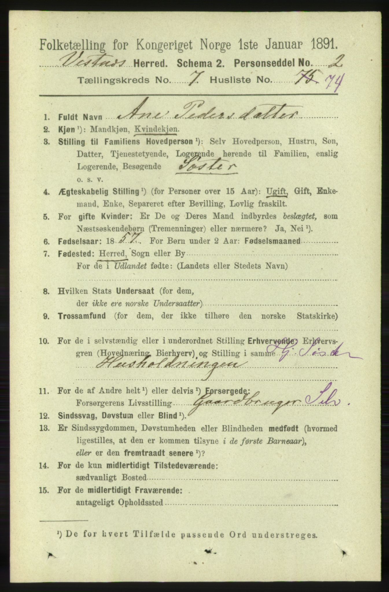 RA, 1891 census for 1535 Vestnes, 1891, p. 3114