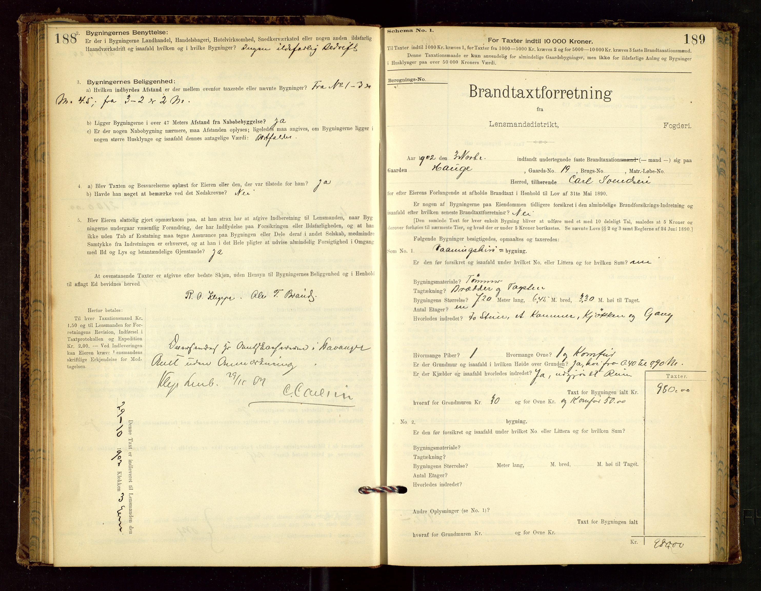 Klepp lensmannskontor, SAST/A-100163/Goc/L0002: "Brandtaxationsprotokol" m/register, 1898-1902, p. 188-189