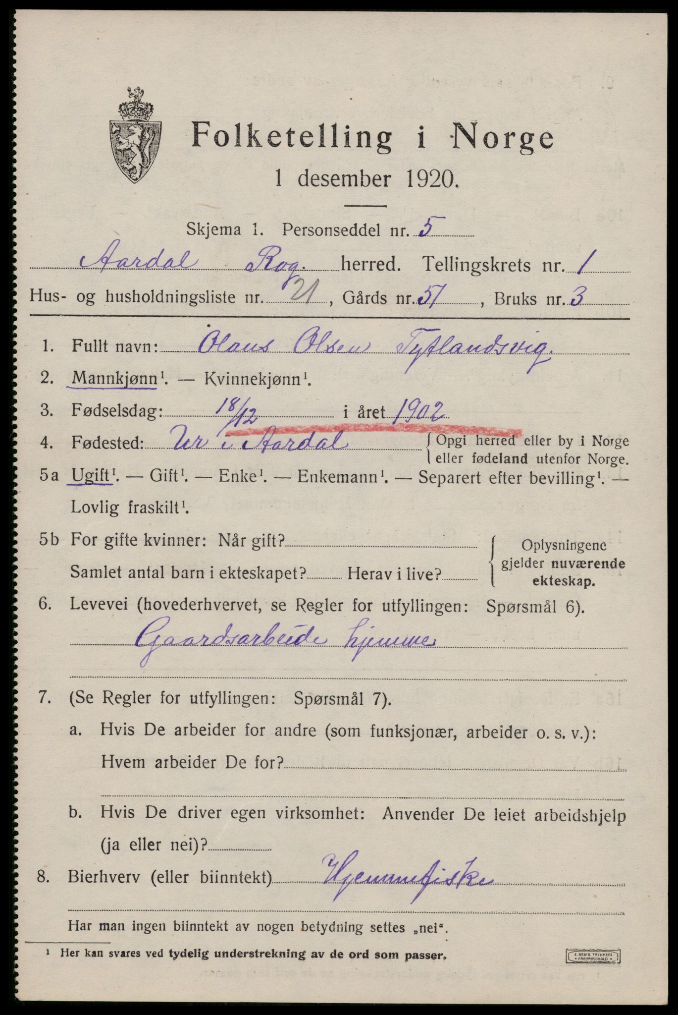 SAST, 1920 census for Årdal, 1920, p. 586