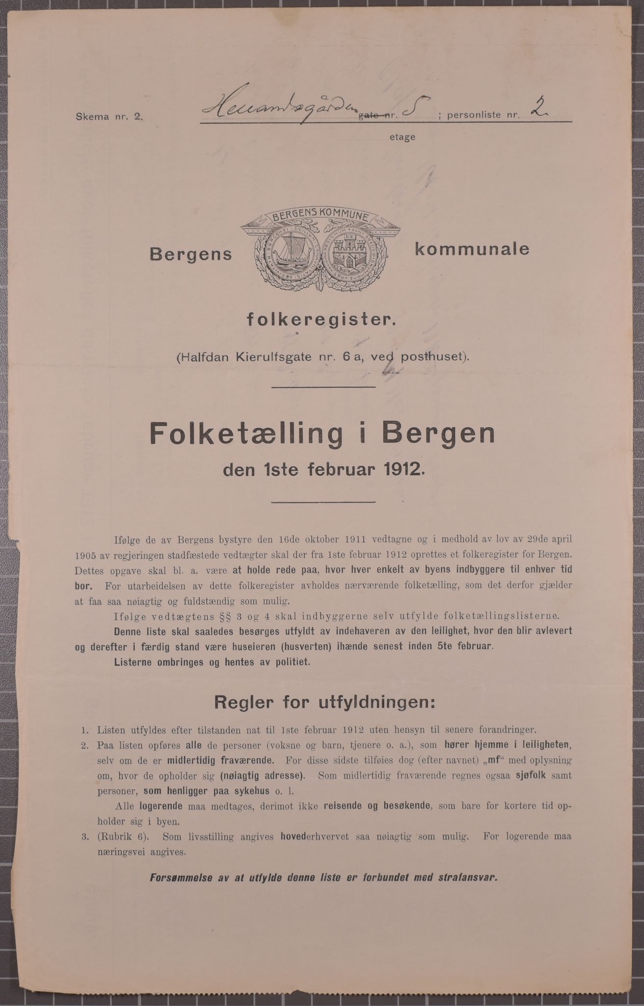 SAB, Municipal Census 1912 for Bergen, 1912, p. 2172