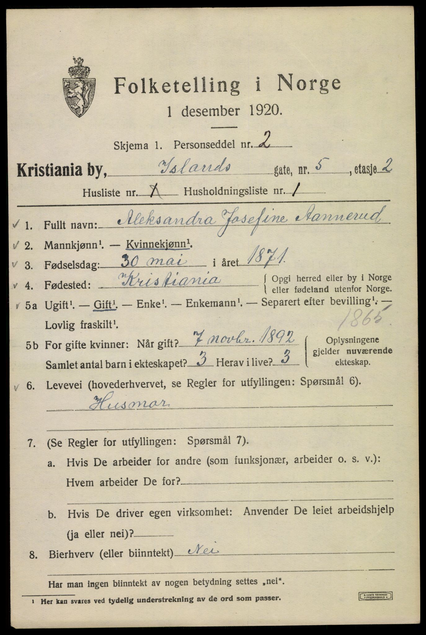 SAO, 1920 census for Kristiania, 1920, p. 311853