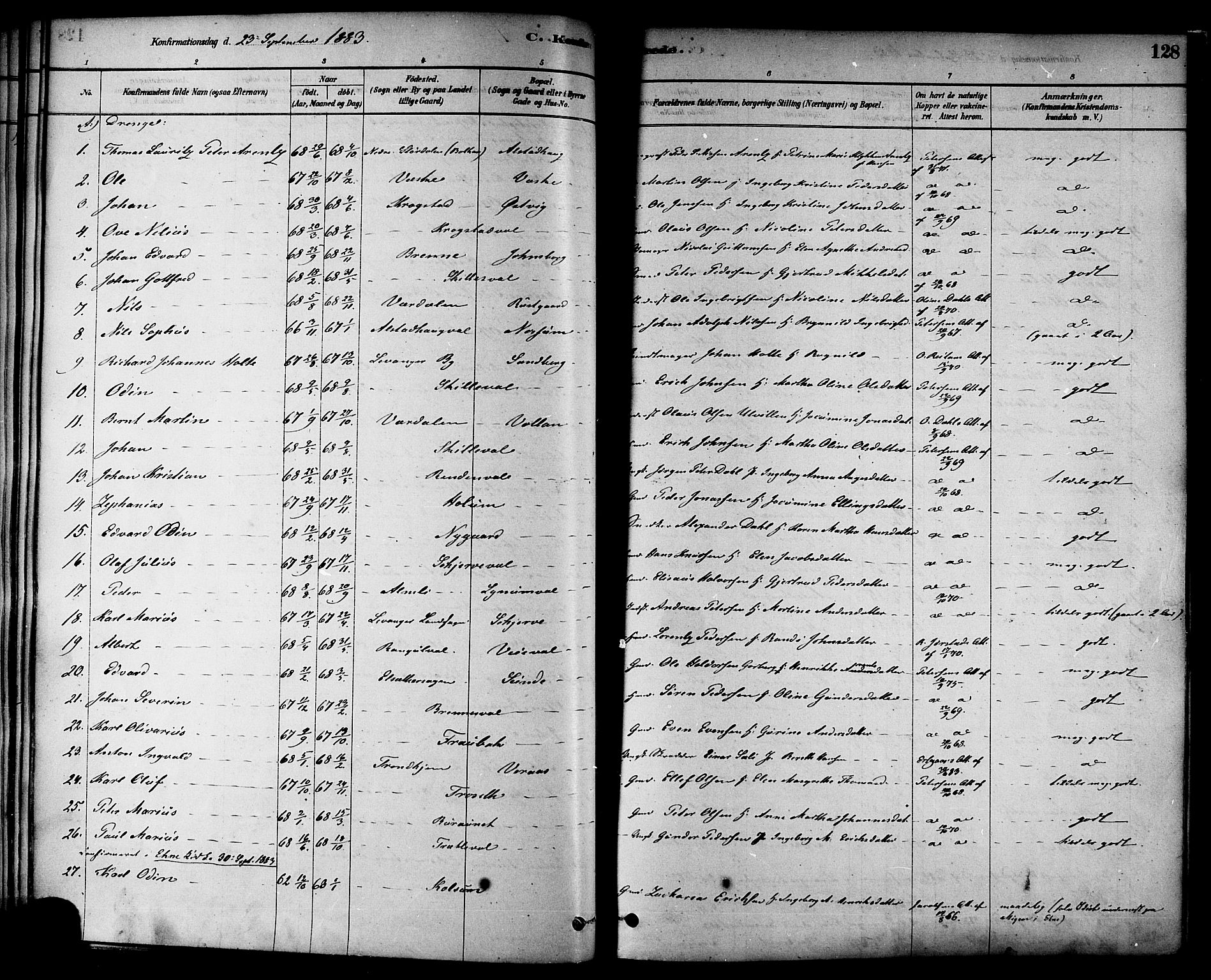 Ministerialprotokoller, klokkerbøker og fødselsregistre - Nord-Trøndelag, AV/SAT-A-1458/717/L0159: Parish register (official) no. 717A09, 1878-1898, p. 128