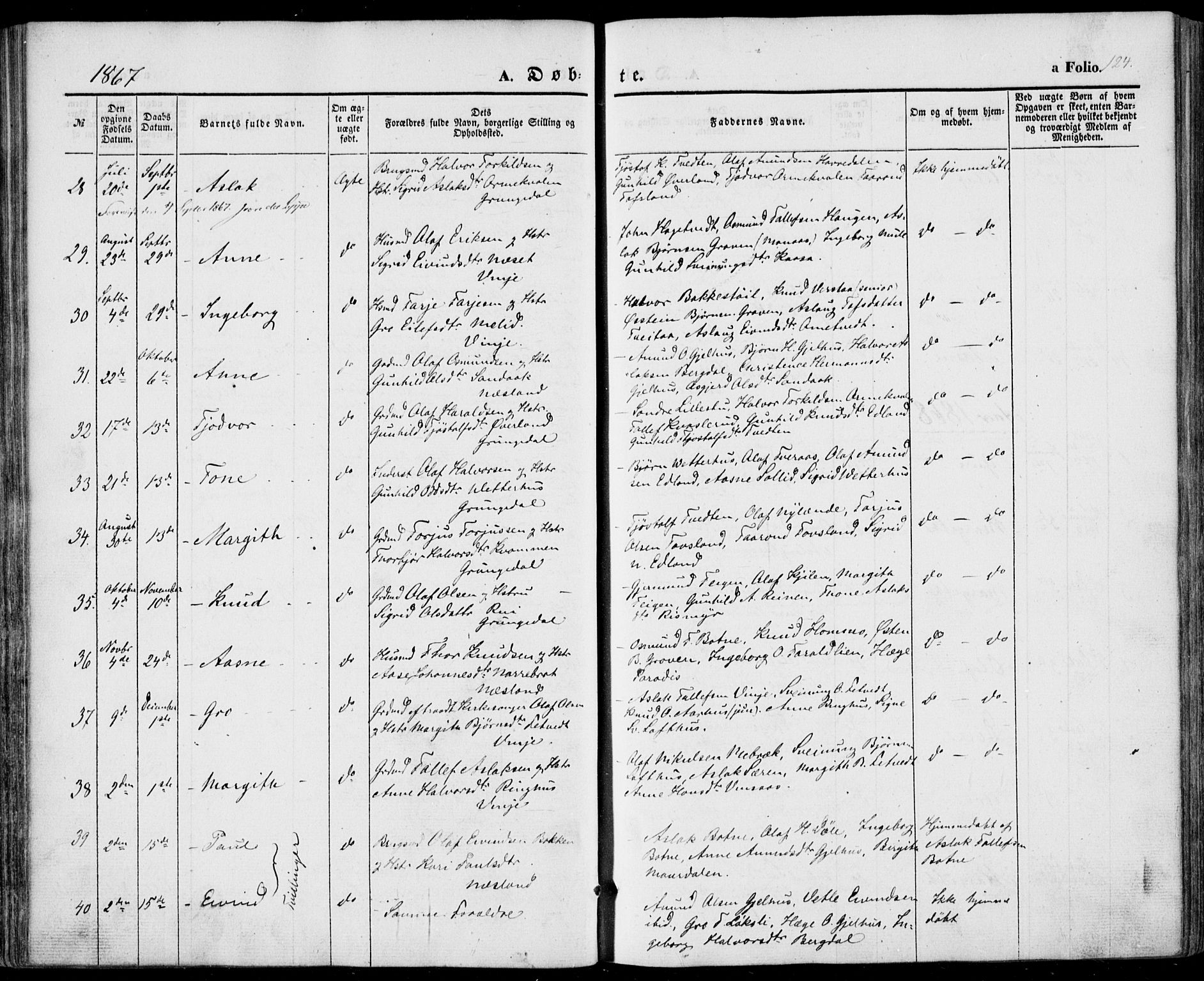 Vinje kirkebøker, SAKO/A-312/F/Fa/L0004: Parish register (official) no. I 4, 1843-1869, p. 124