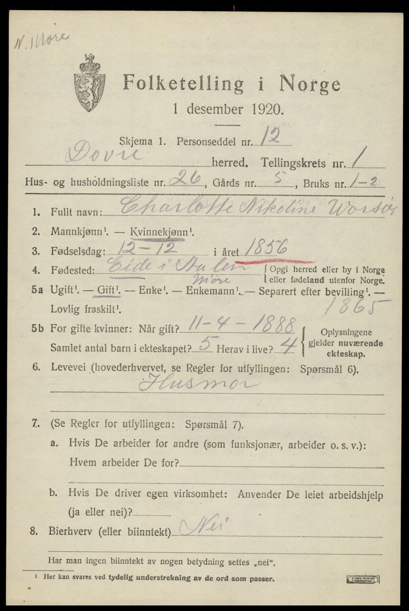 SAH, 1920 census for Dovre, 1920, p. 1252