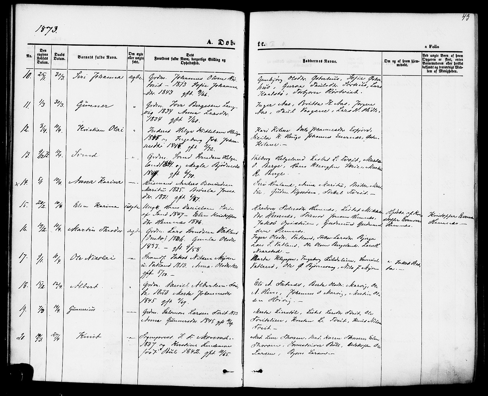 Jelsa sokneprestkontor, AV/SAST-A-101842/01/IV: Parish register (official) no. A 8, 1867-1883, p. 43