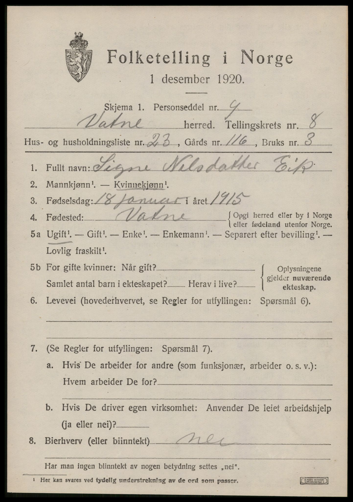 SAT, 1920 census for Vatne, 1920, p. 3656