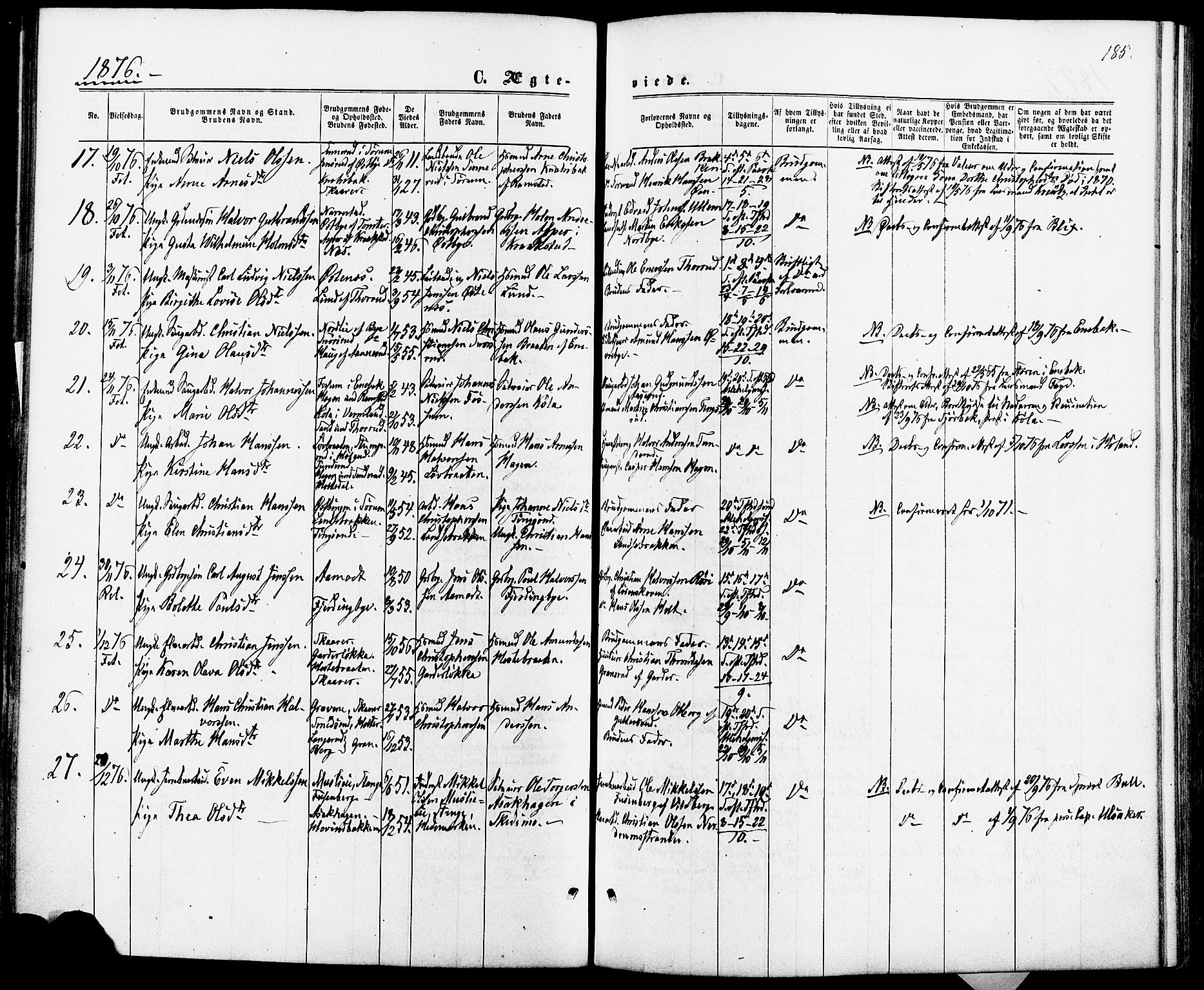 Fet prestekontor Kirkebøker, AV/SAO-A-10370a/F/Fa/L0013: Parish register (official) no. I 13, 1867-1877, p. 185