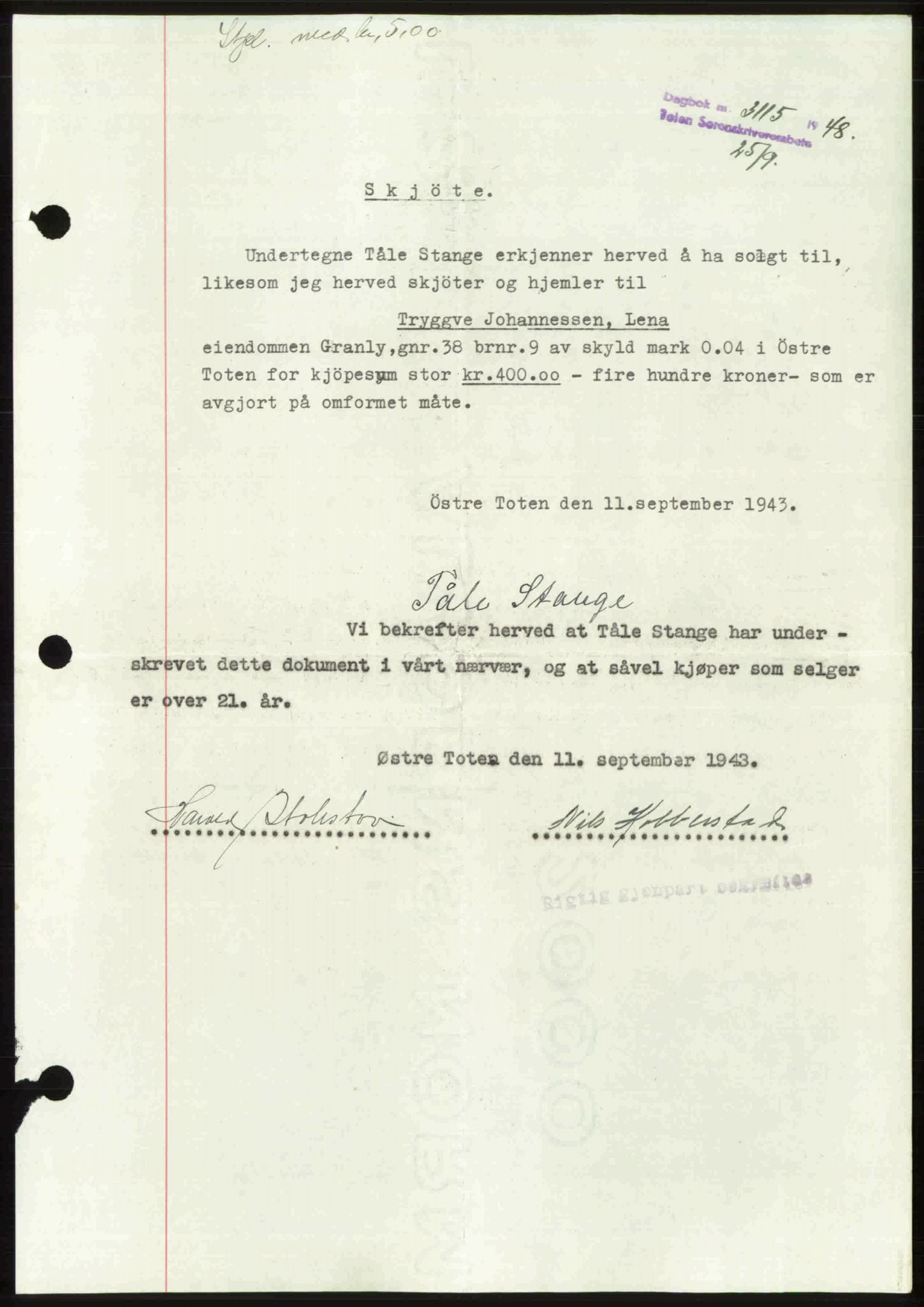 Toten tingrett, SAH/TING-006/H/Hb/Hbc/L0020: Mortgage book no. Hbc-20, 1948-1948, Diary no: : 3115/1948