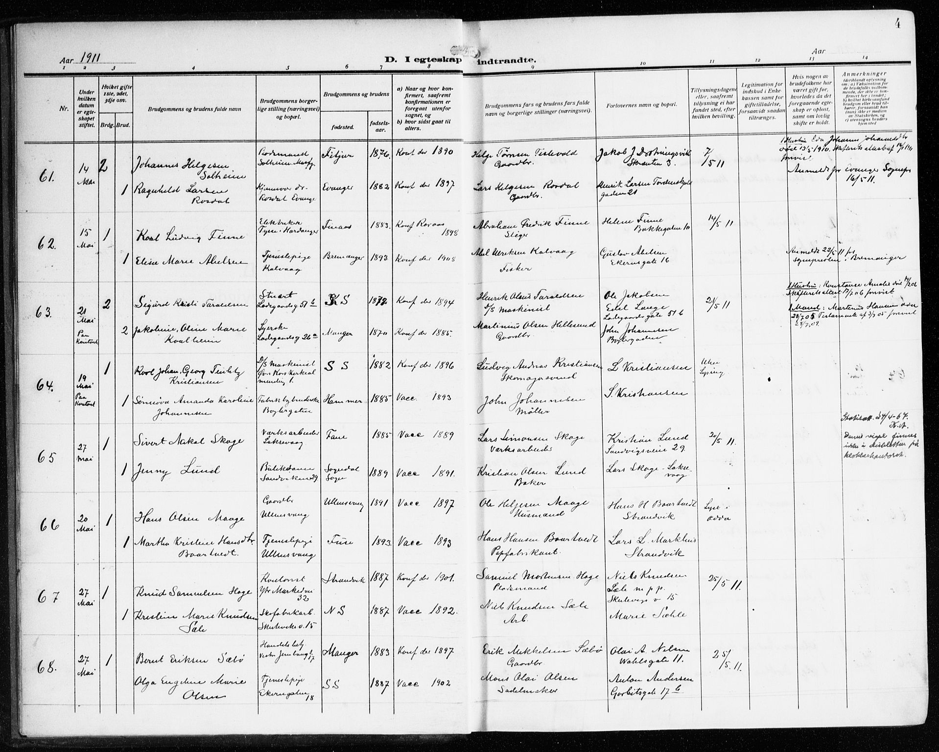 Sandviken Sokneprestembete, SAB/A-77601/H/Ha/L0015: Parish register (official) no. D 2, 1911-1923, p. 4