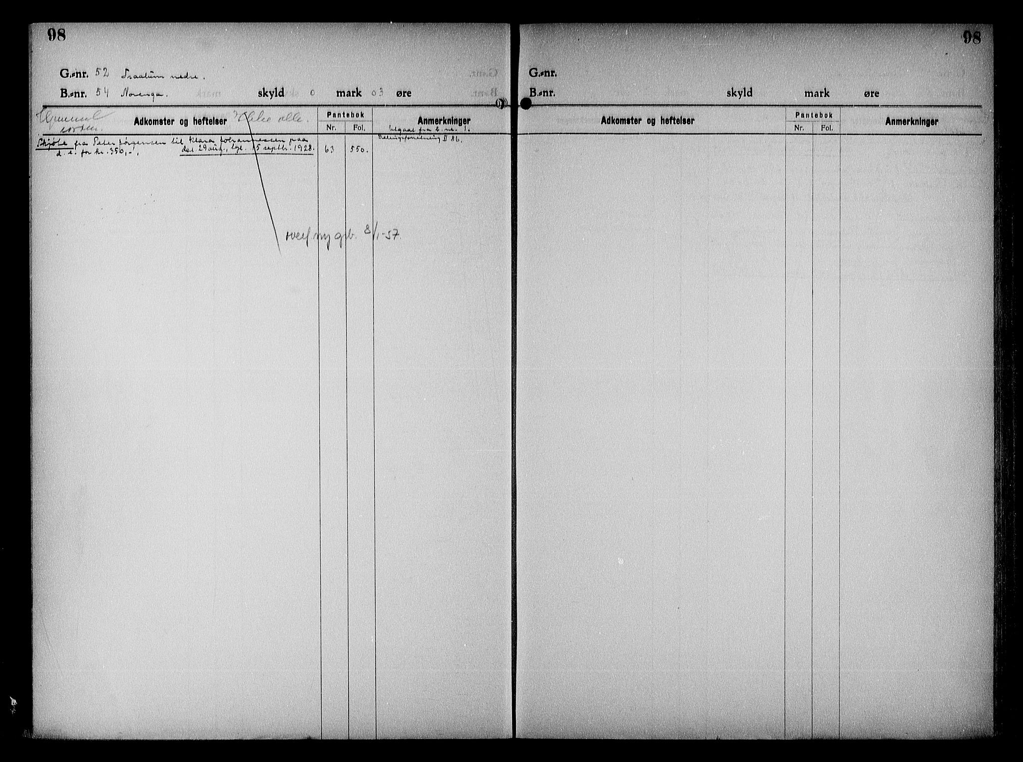 Vestre Nedenes/Sand sorenskriveri, SAK/1221-0010/G/Ga/L0023: Mortgage register no. 16, 1923-1957, p. 98