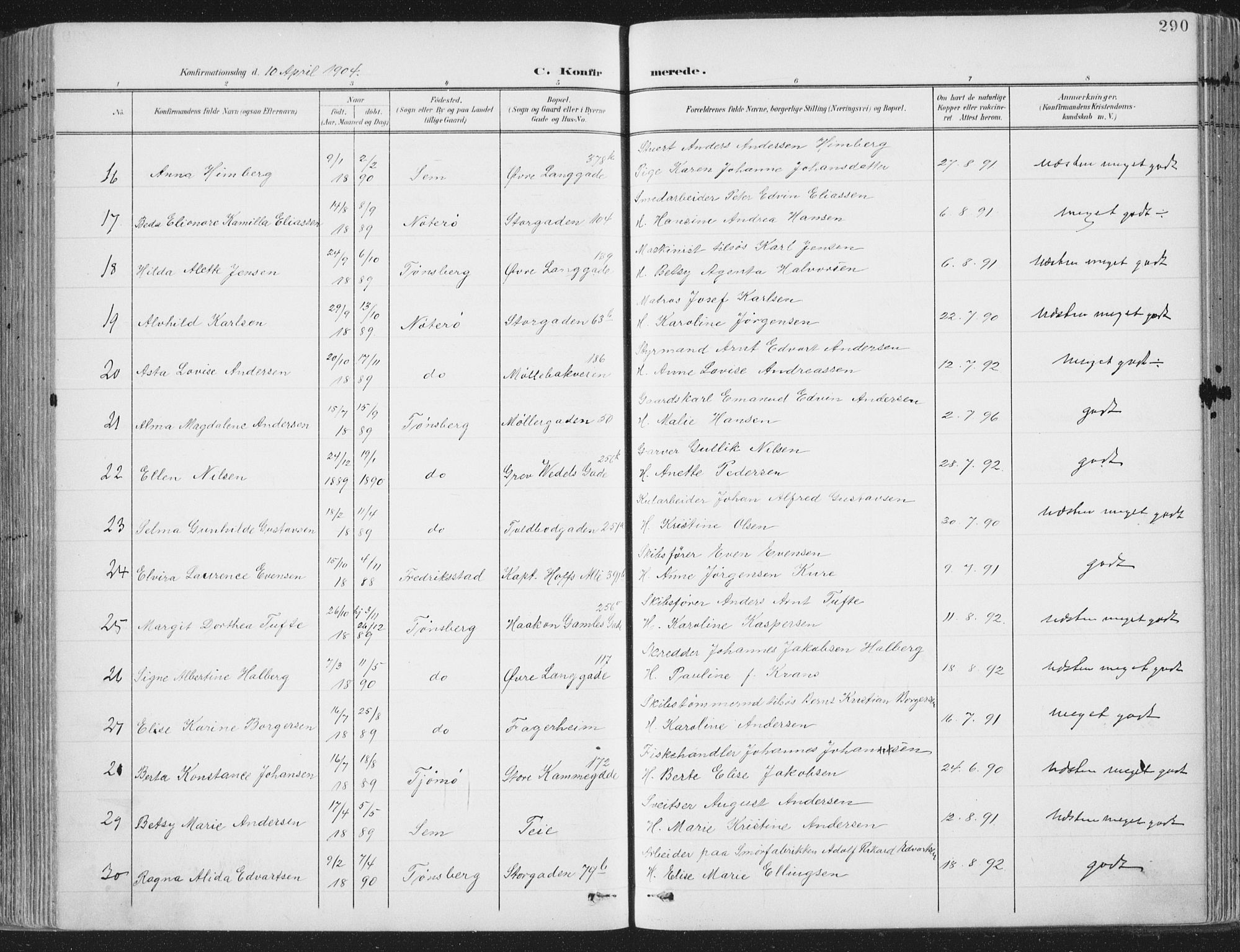 Tønsberg kirkebøker, SAKO/A-330/F/Fa/L0014: Parish register (official) no. I 14, 1900-1913, p. 290