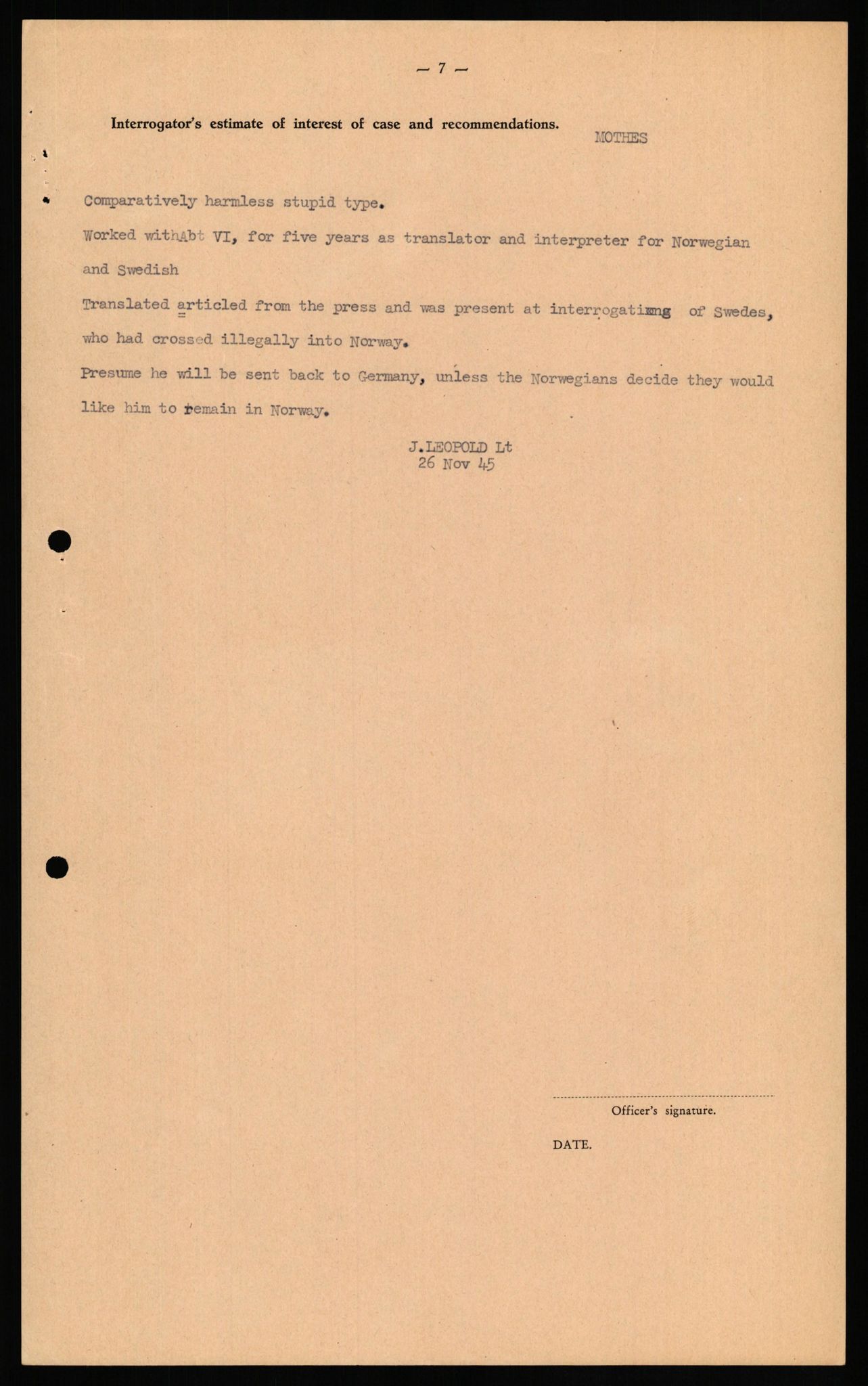 Forsvaret, Forsvarets overkommando II, AV/RA-RAFA-3915/D/Db/L0022: CI Questionaires. Tyske okkupasjonsstyrker i Norge. Tyskere., 1945-1946, p. 380