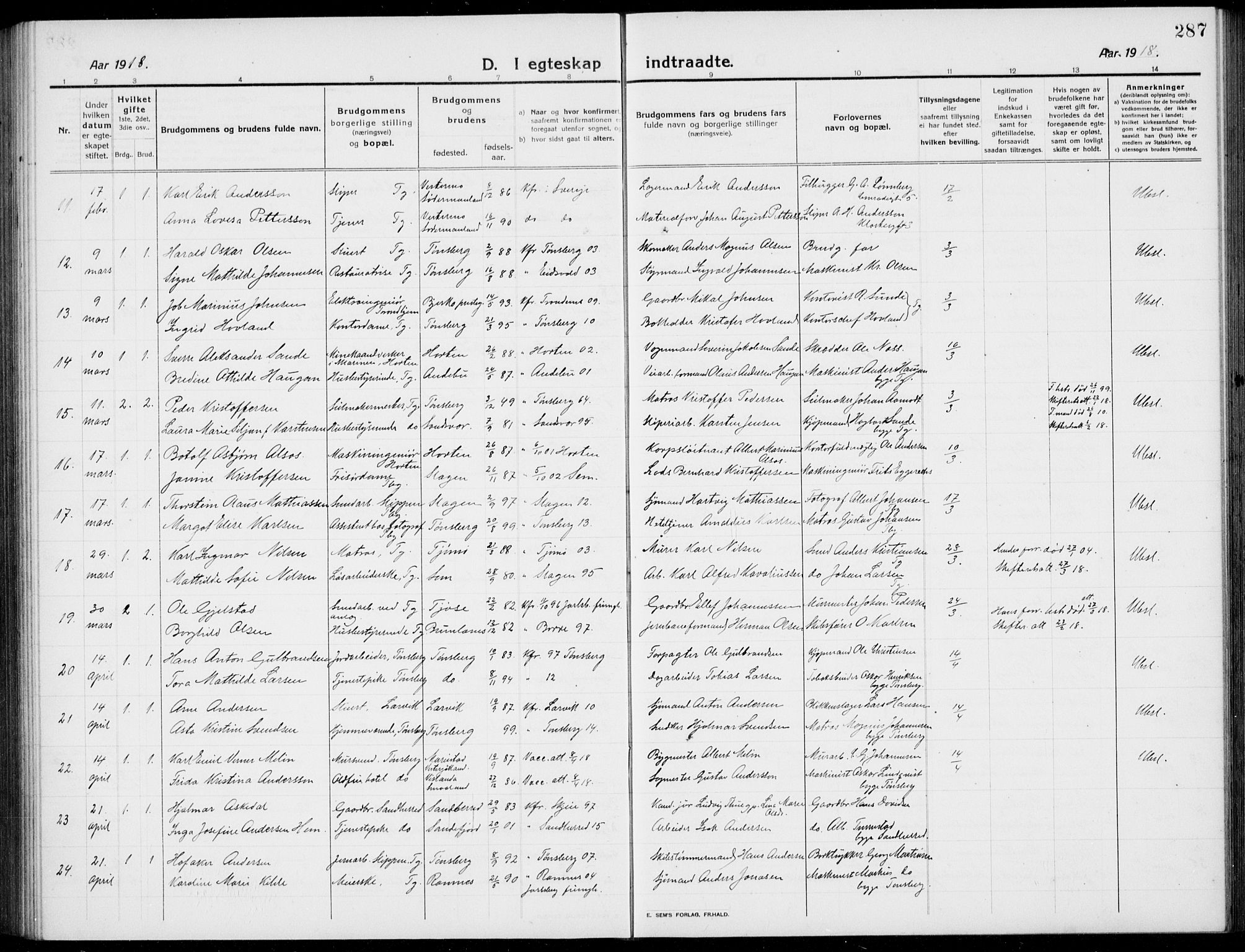 Tønsberg kirkebøker, AV/SAKO-A-330/G/Ga/L0009: Parish register (copy) no. 9, 1913-1920, p. 287