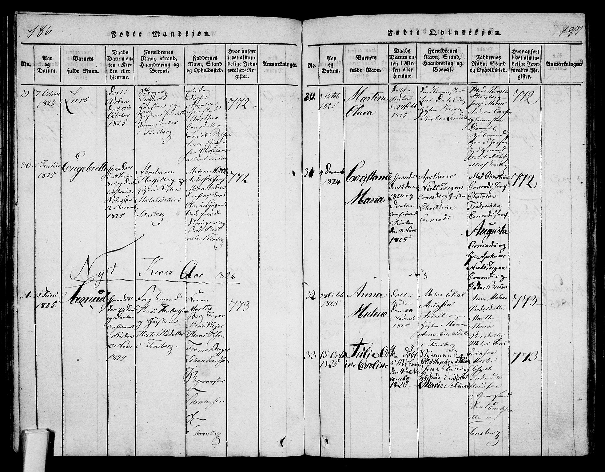 Tønsberg kirkebøker, AV/SAKO-A-330/F/Fa/L0004: Parish register (official) no. I 4, 1813-1826, p. 186-187