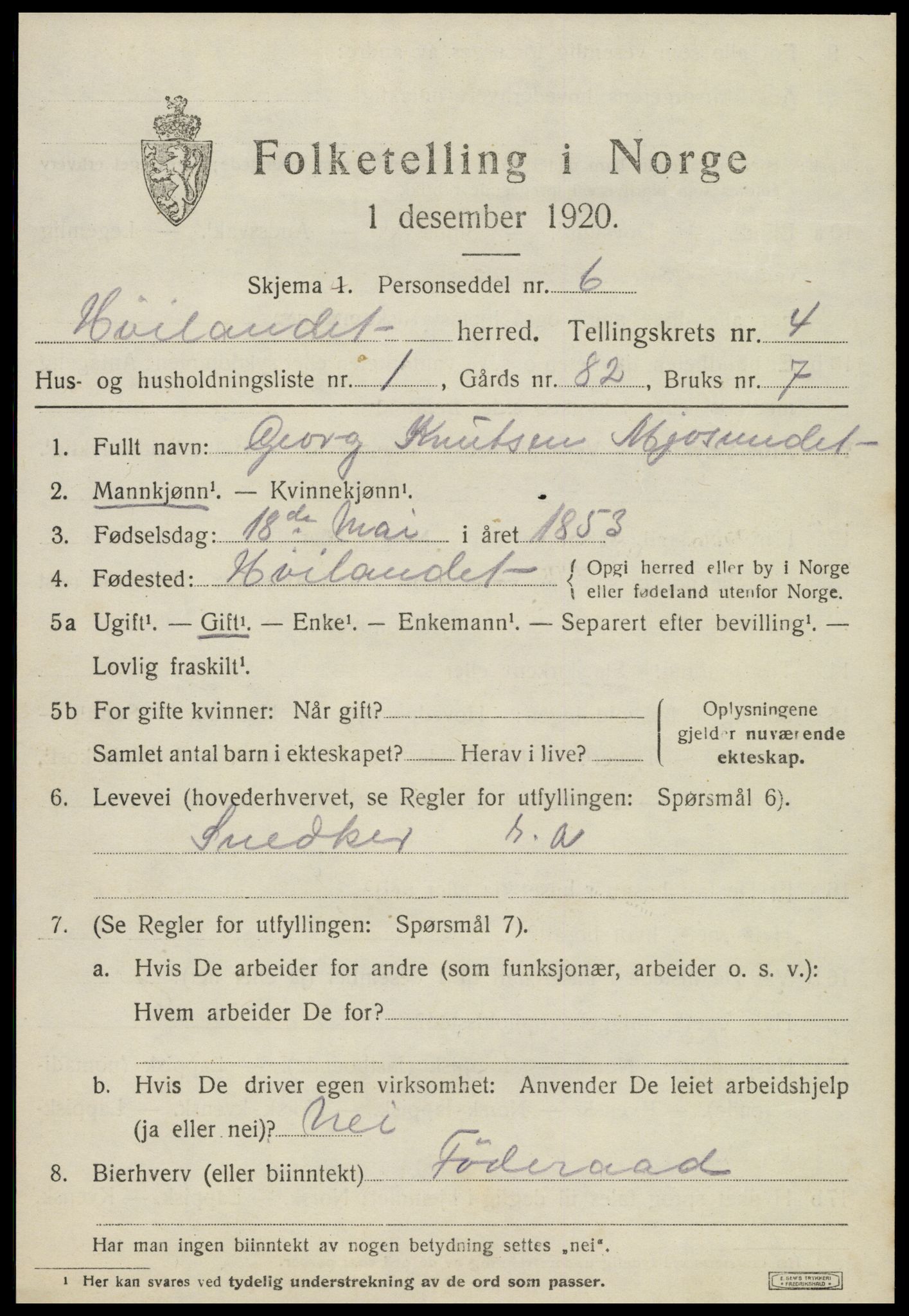 SAT, 1920 census for Høylandet, 1920, p. 2222