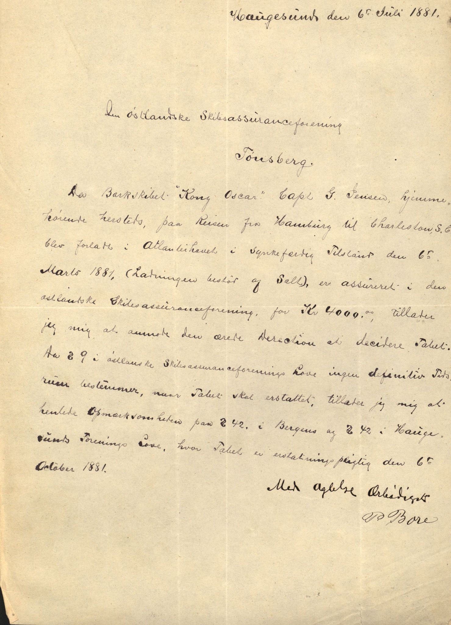 Pa 63 - Østlandske skibsassuranceforening, VEMU/A-1079/G/Ga/L0014/0003: Havaridokumenter / Helene, Joanchas, Kong Oskar af Sandefjord, Kong Oscar af Haugesund, 1881, p. 40