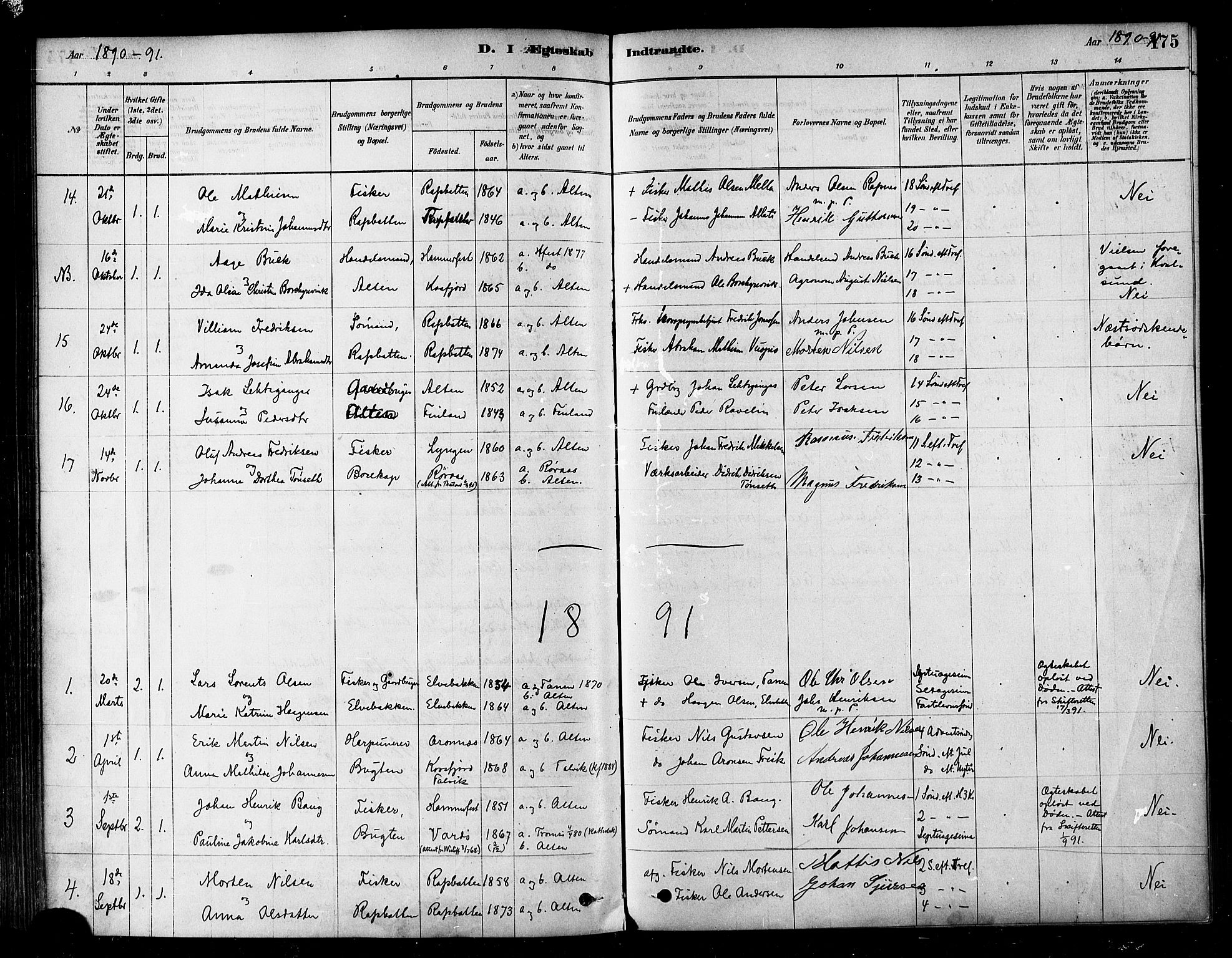 Alta sokneprestkontor, SATØ/S-1338/H/Ha/L0002.kirke: Parish register (official) no. 2, 1879-1892, p. 175