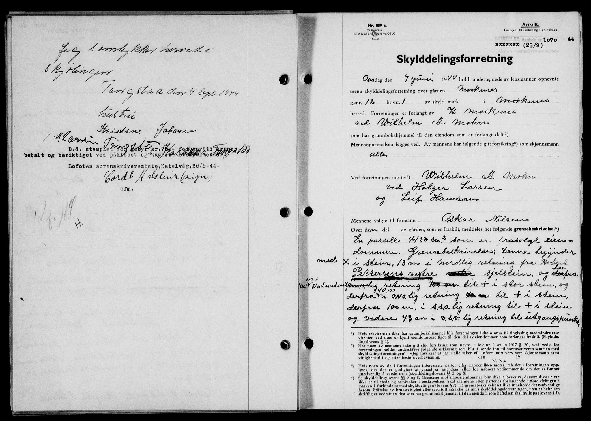 Lofoten sorenskriveri, SAT/A-0017/1/2/2C/L0012a: Mortgage book no. 12a, 1943-1944, Diary no: : 1070/1944