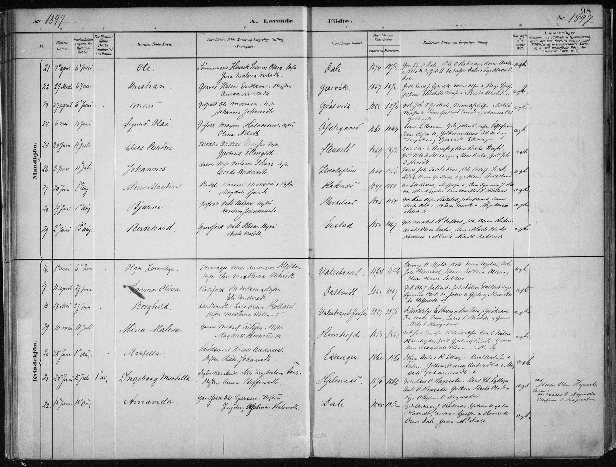 Hamre sokneprestembete, SAB/A-75501/H/Ha/Haa/Haab/L0001: Parish register (official) no. B  1, 1882-1905, p. 98