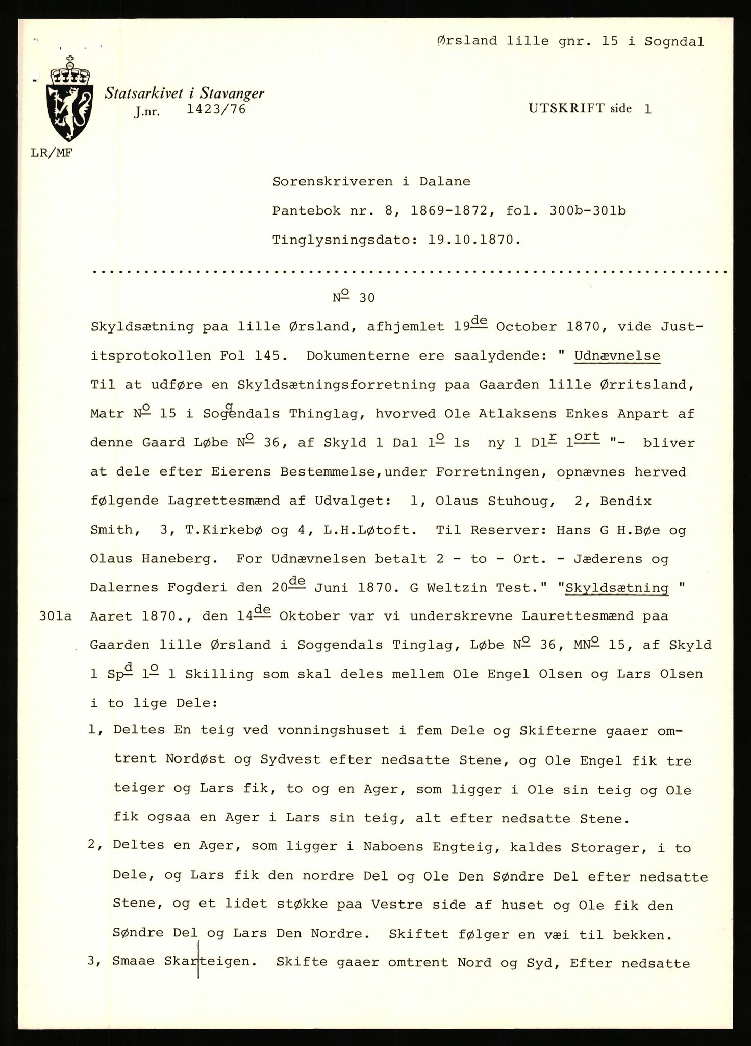 Statsarkivet i Stavanger, SAST/A-101971/03/Y/Yj/L0098: Avskrifter sortert etter gårdsnavn: Øigrei - Østeinstad, 1750-1930, p. 392