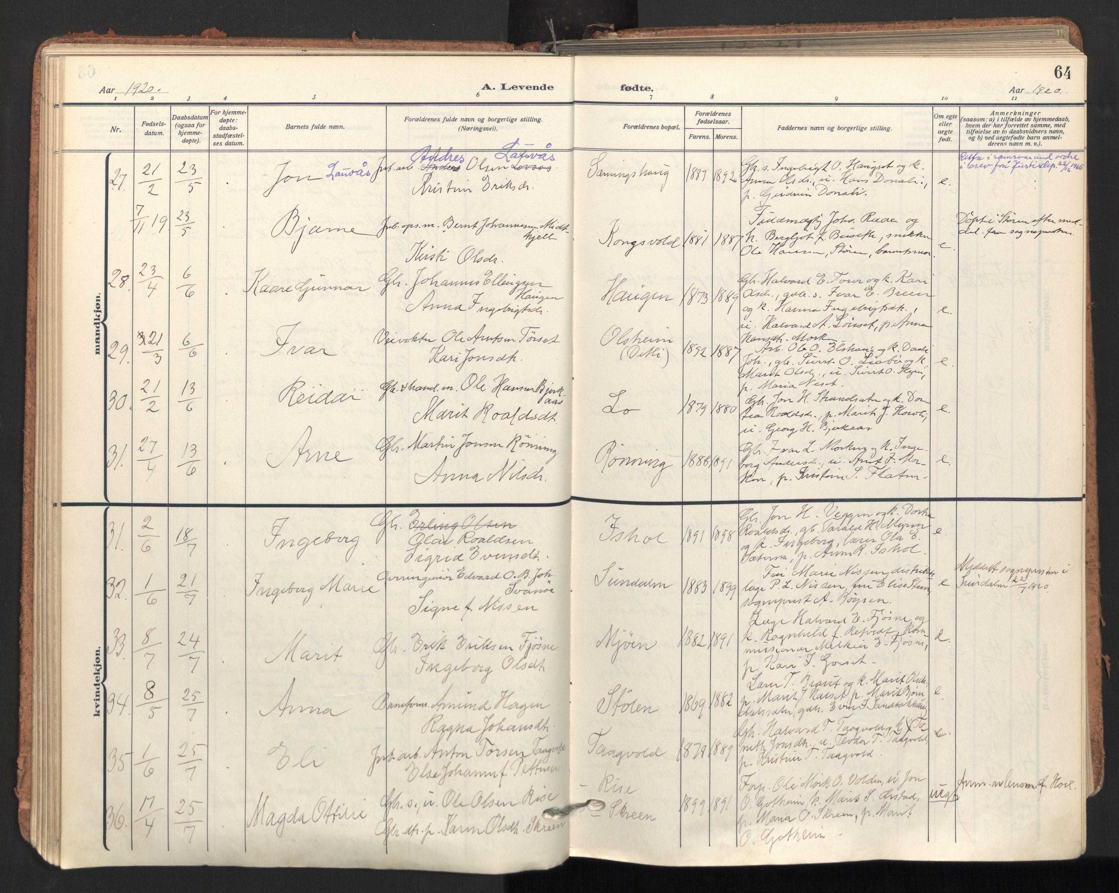 Ministerialprotokoller, klokkerbøker og fødselsregistre - Sør-Trøndelag, AV/SAT-A-1456/678/L0909: Parish register (official) no. 678A17, 1912-1930, p. 64