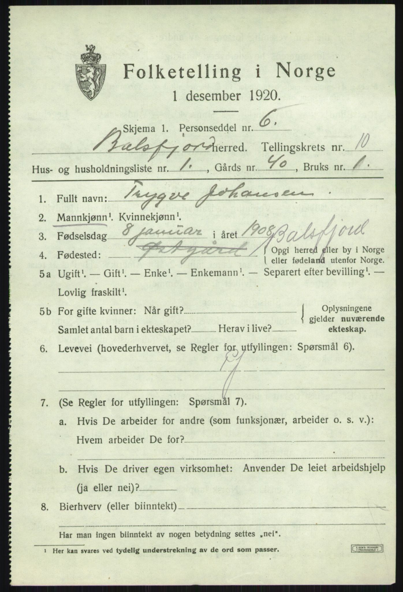 SATØ, 1920 census for Balsfjord, 1920, p. 5281