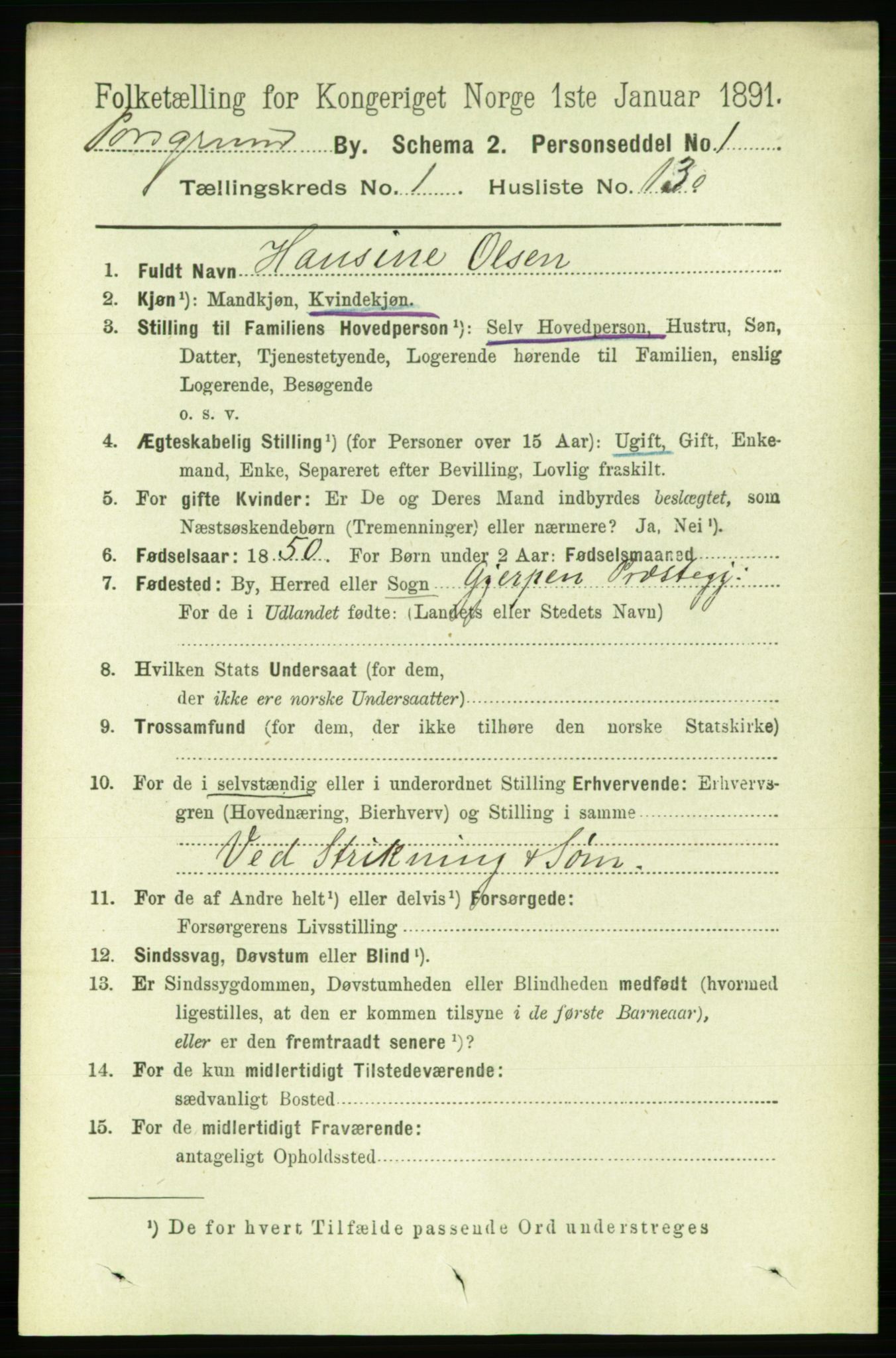 RA, 1891 census for 0805 Porsgrunn, 1891, p. 2120