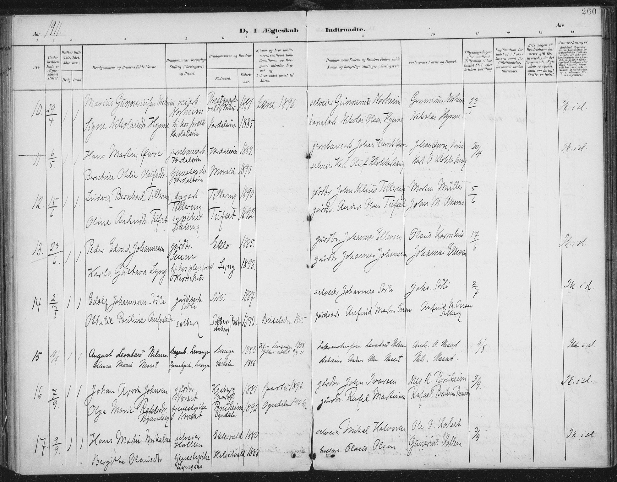 Ministerialprotokoller, klokkerbøker og fødselsregistre - Nord-Trøndelag, SAT/A-1458/723/L0246: Parish register (official) no. 723A15, 1900-1917, p. 260