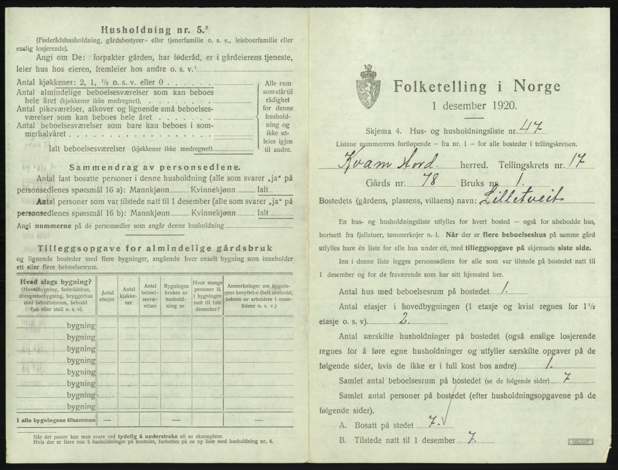 SAB, 1920 census for Kvam, 1920, p. 1400