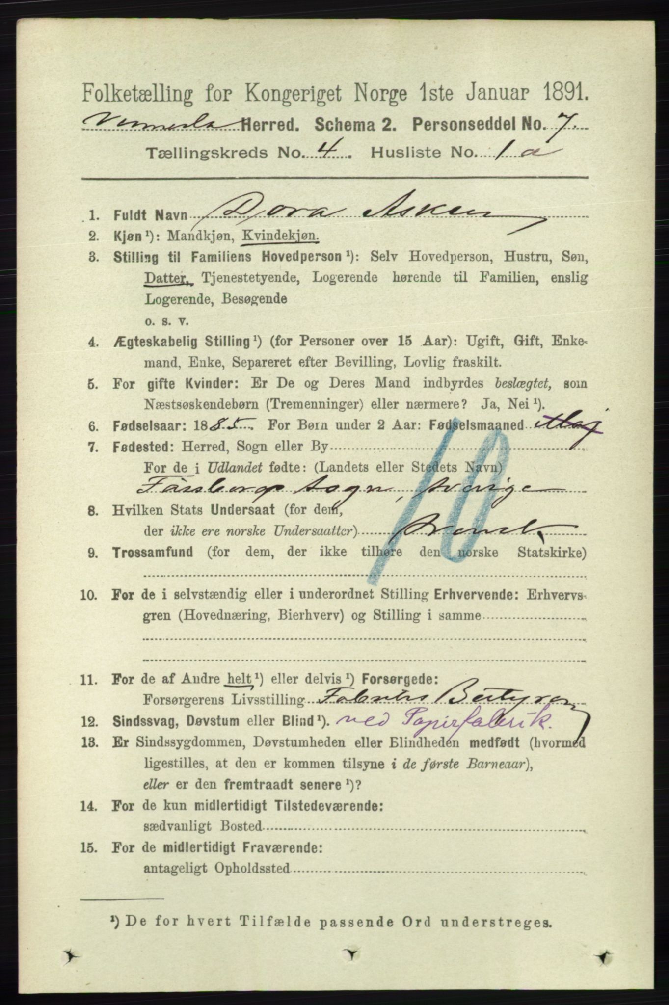 RA, 1891 census for 1014 Vennesla, 1891, p. 855