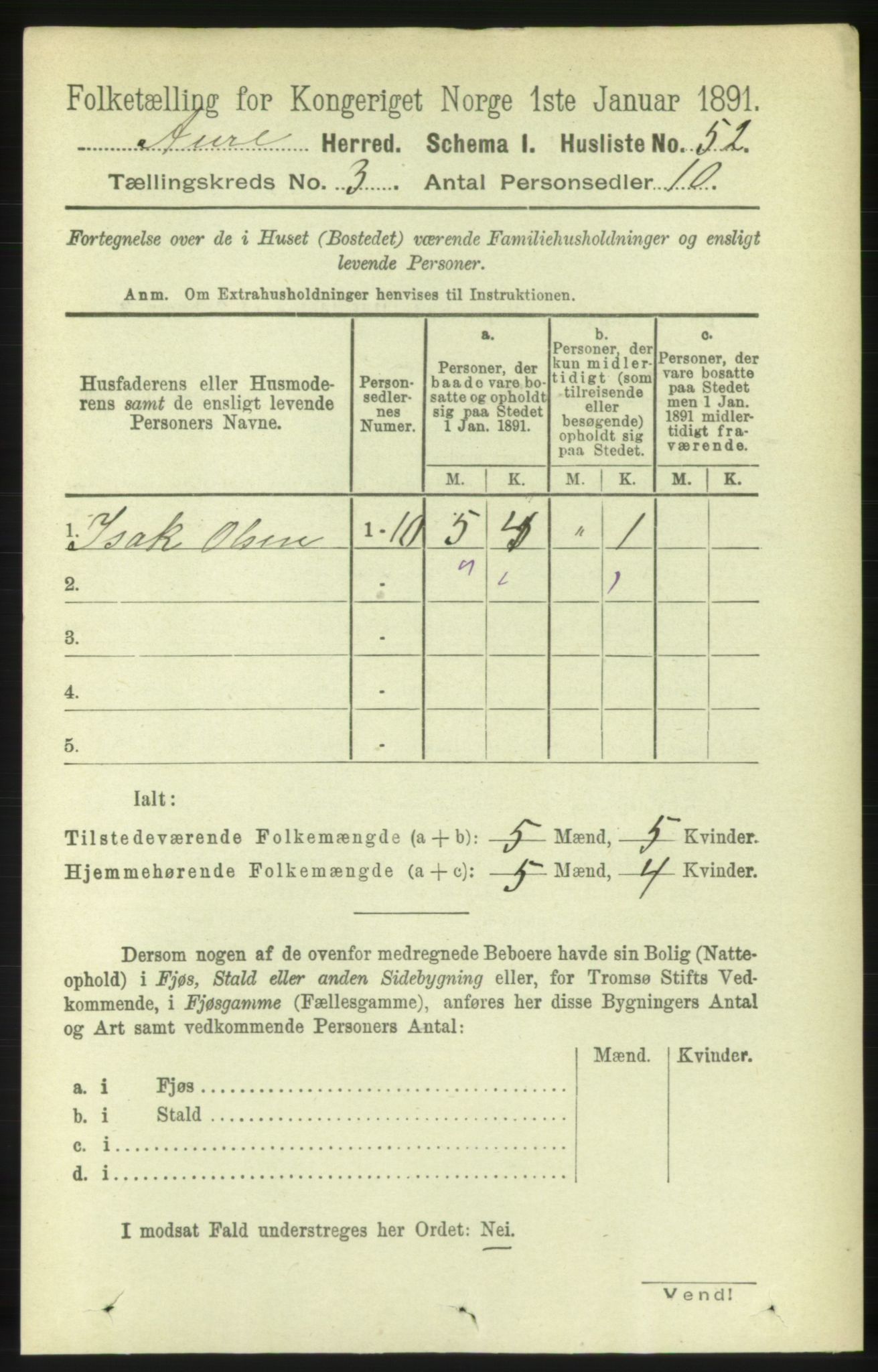 RA, 1891 census for 1569 Aure, 1891, p. 1543