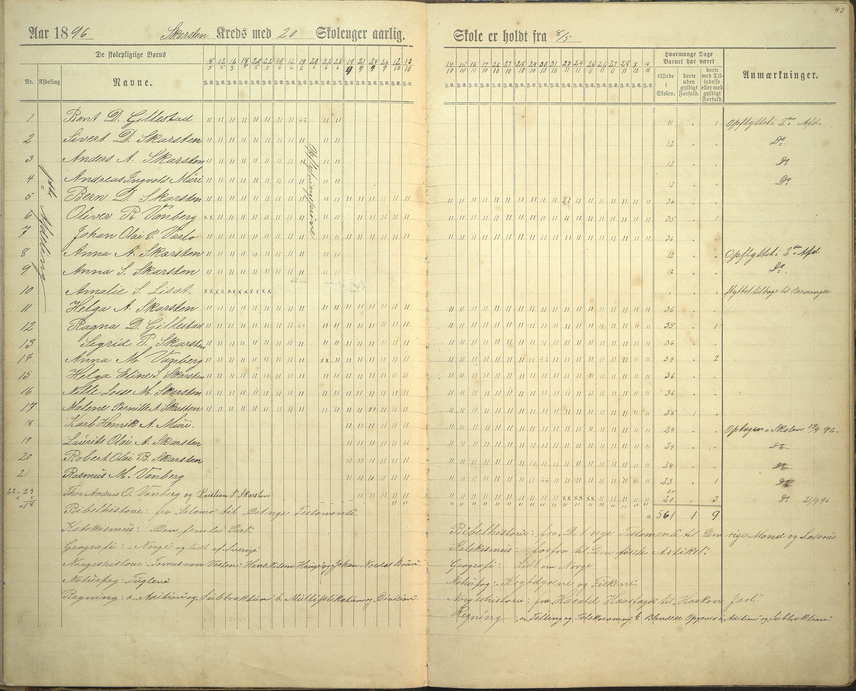 Innvik kommune. Rake skule, VLFK/K-14470.520.23/543/L0002: dagbok for Rake skule og Skarstein skule, 1894-1909, p. 43