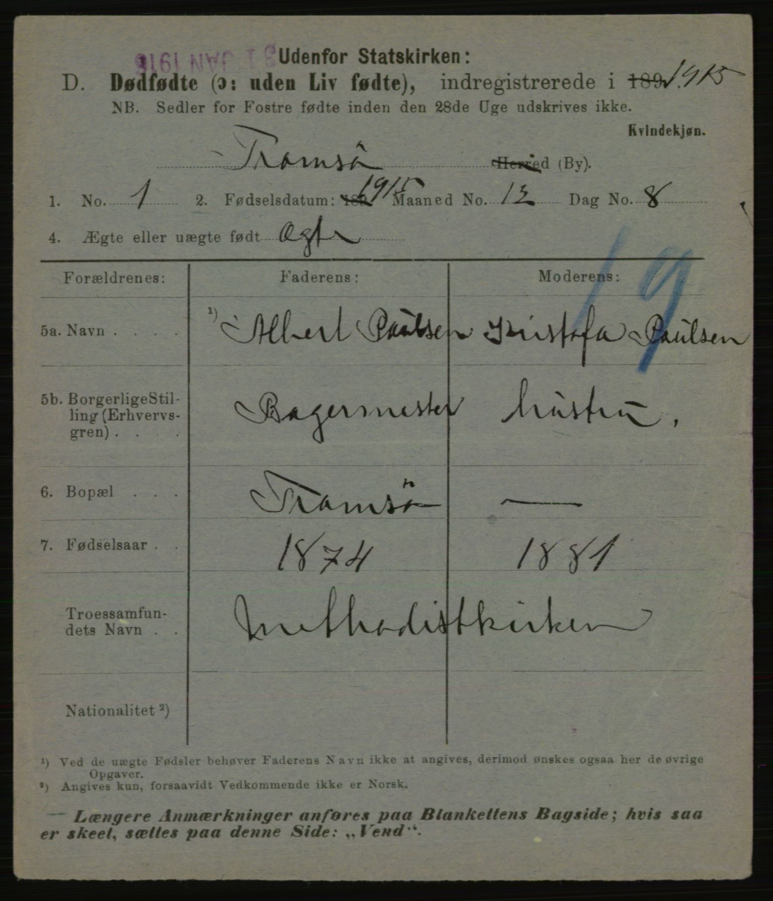 Statistisk sentralbyrå, Sosiodemografiske emner, Befolkning, AV/RA-S-2228/E/L0013: Fødte, gifte, døde dissentere., 1915, p. 3211