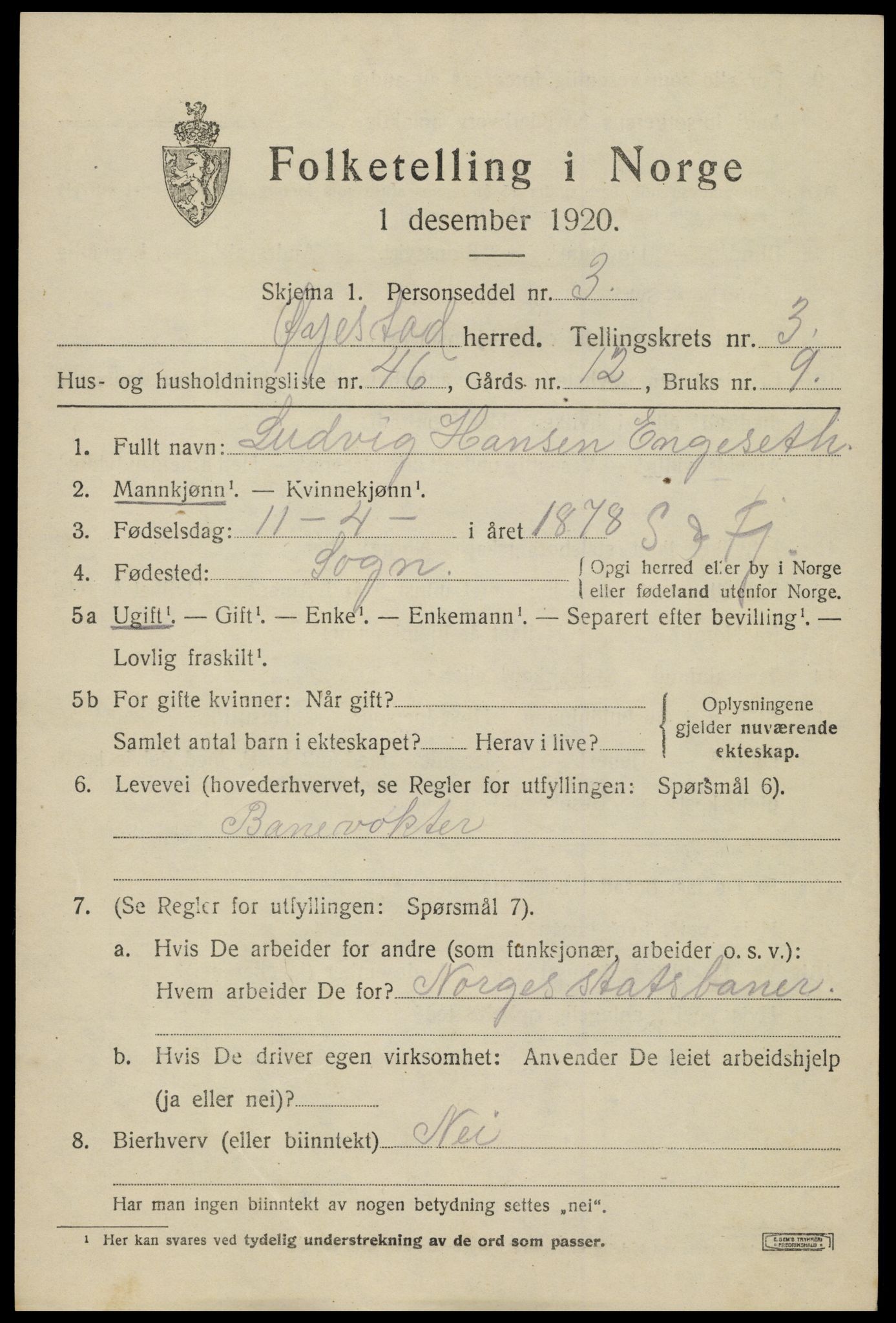 SAK, 1920 census for Øyestad, 1920, p. 3164