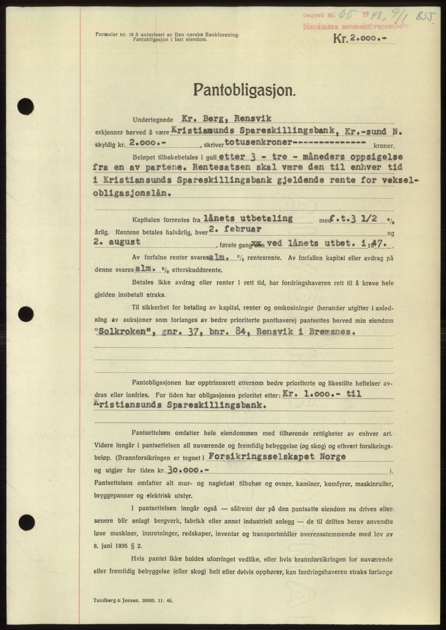 Nordmøre sorenskriveri, AV/SAT-A-4132/1/2/2Ca: Mortgage book no. B97, 1947-1948, Diary no: : 65/1948