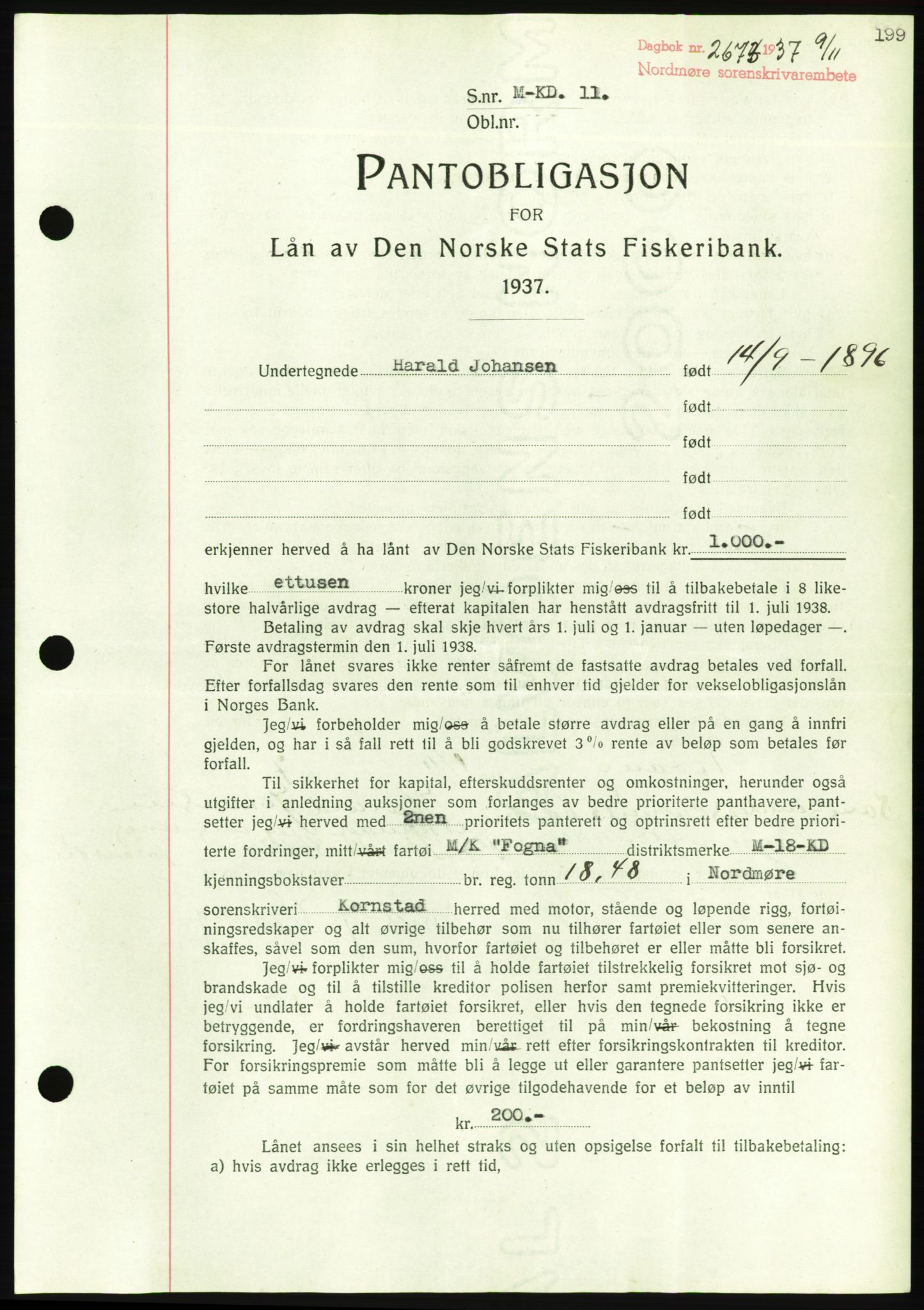 Nordmøre sorenskriveri, AV/SAT-A-4132/1/2/2Ca/L0092: Mortgage book no. B82, 1937-1938, Diary no: : 2673/1937