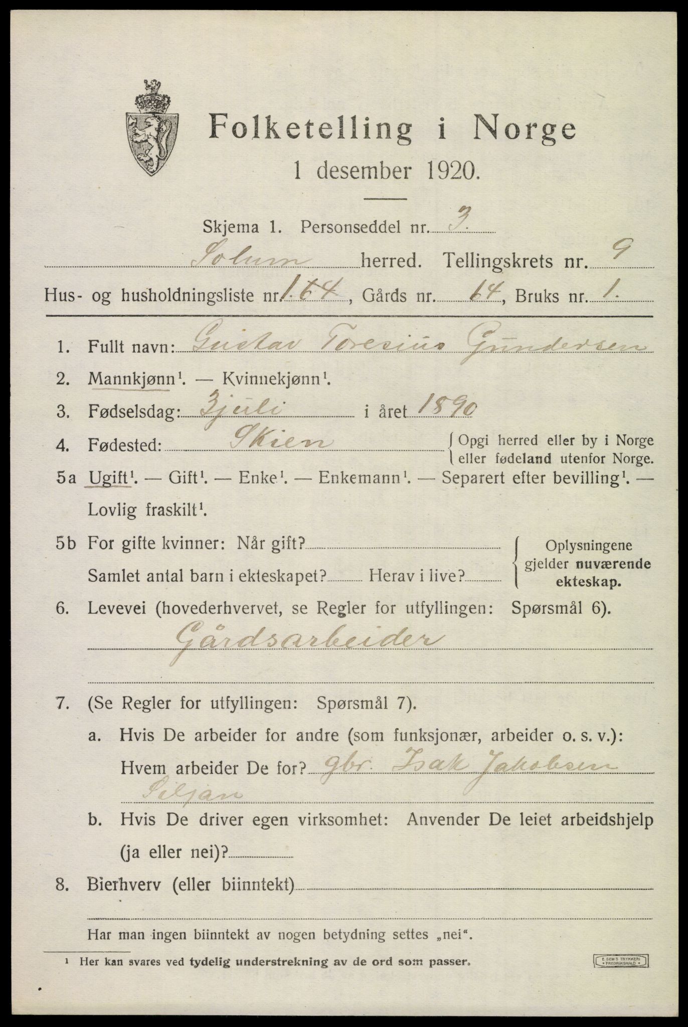 SAKO, 1920 census for Solum, 1920, p. 14642