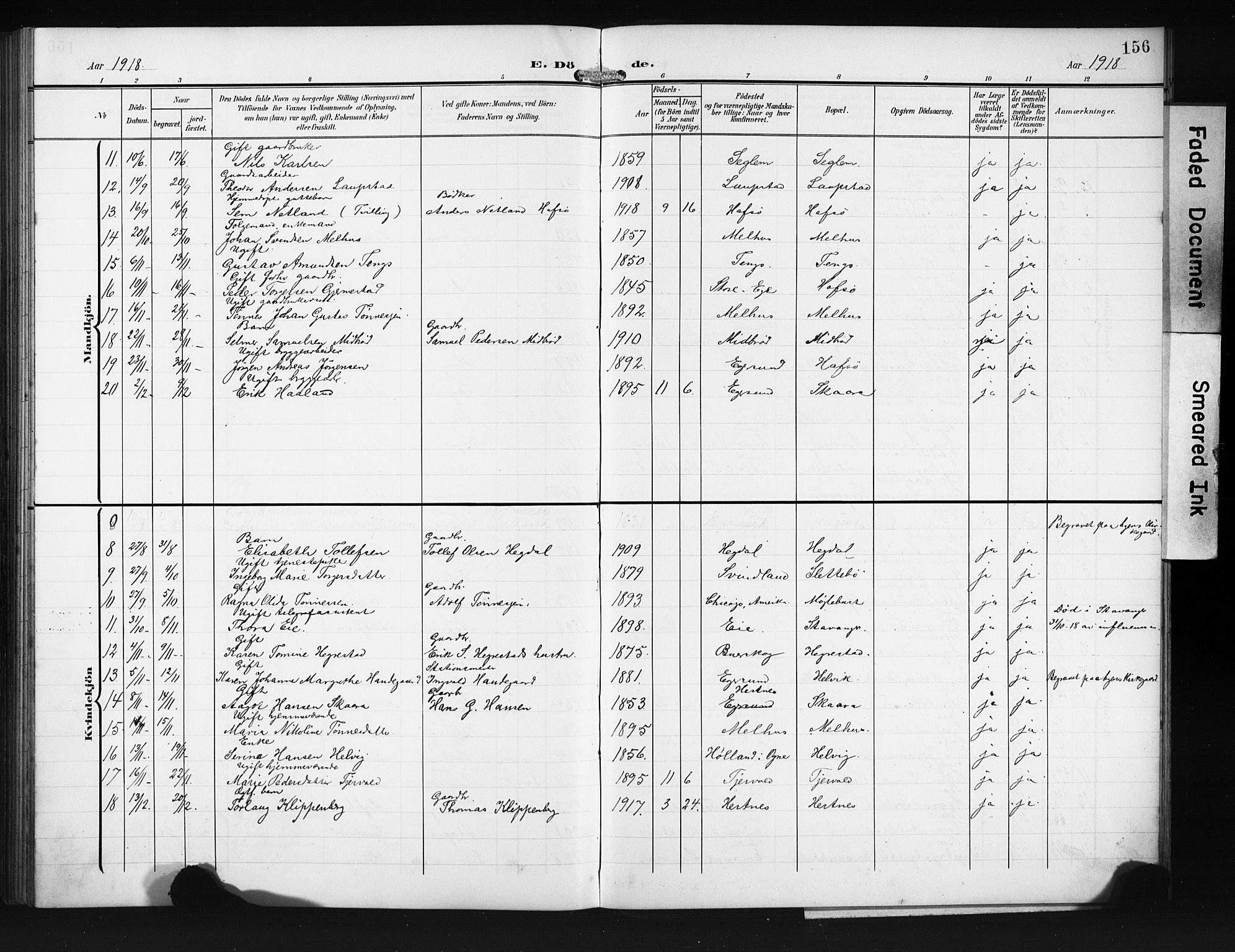 Eigersund sokneprestkontor, SAST/A-101807/S09/L0011: Parish register (copy) no. B 11, 1908-1930, p. 156