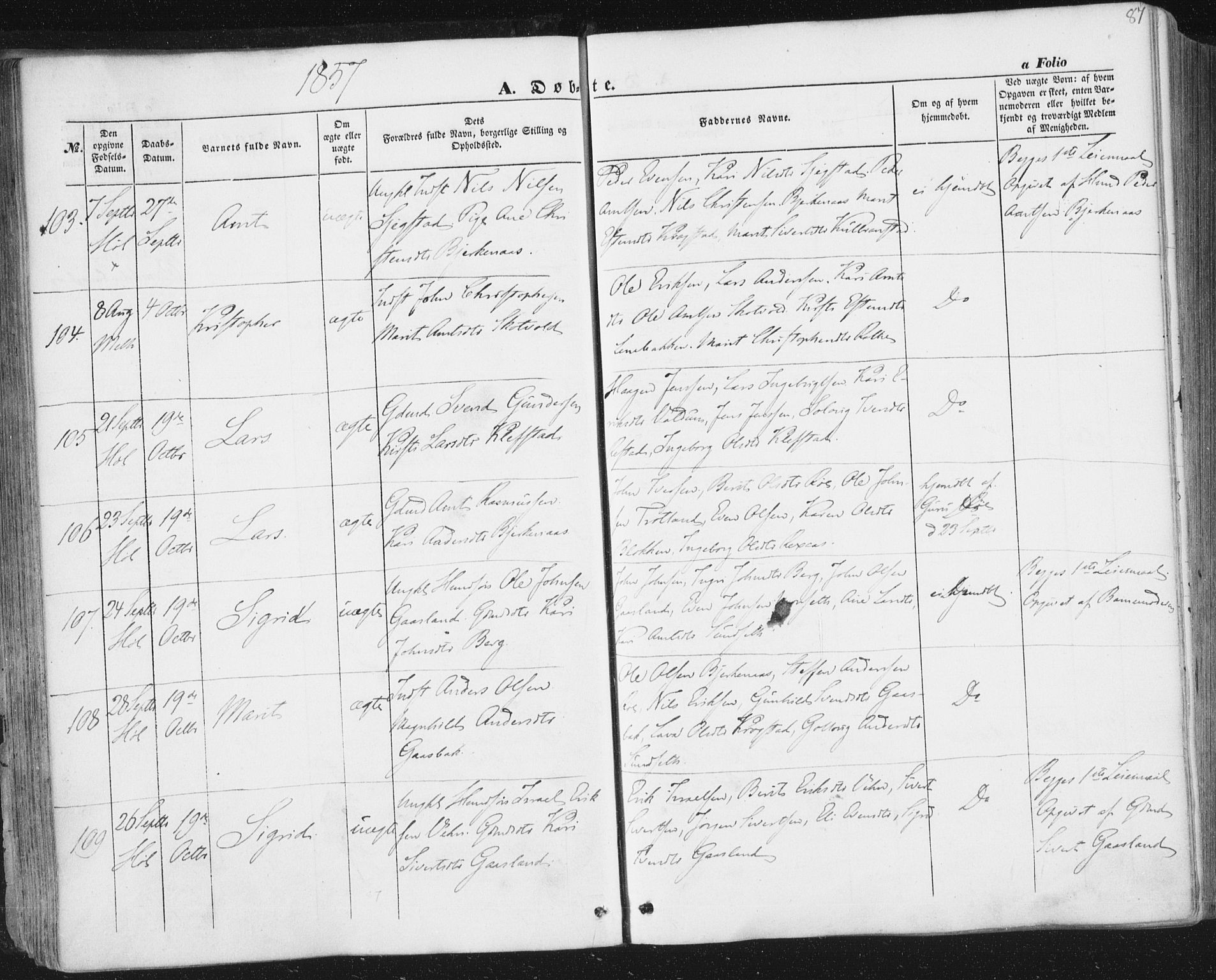 Ministerialprotokoller, klokkerbøker og fødselsregistre - Sør-Trøndelag, AV/SAT-A-1456/691/L1076: Parish register (official) no. 691A08, 1852-1861, p. 87