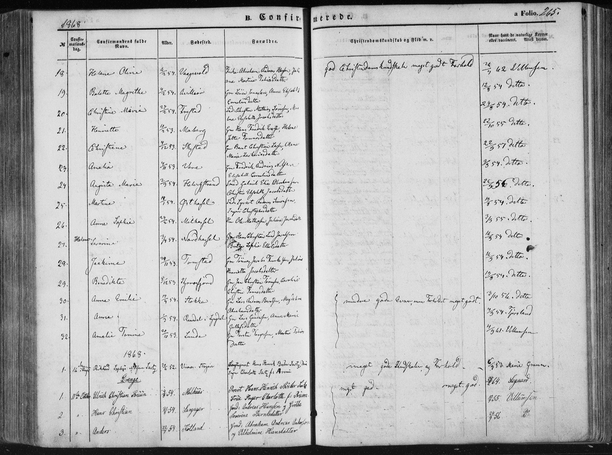 Lista sokneprestkontor, AV/SAK-1111-0027/F/Fa/L0011: Parish register (official) no. A 11, 1861-1878, p. 265