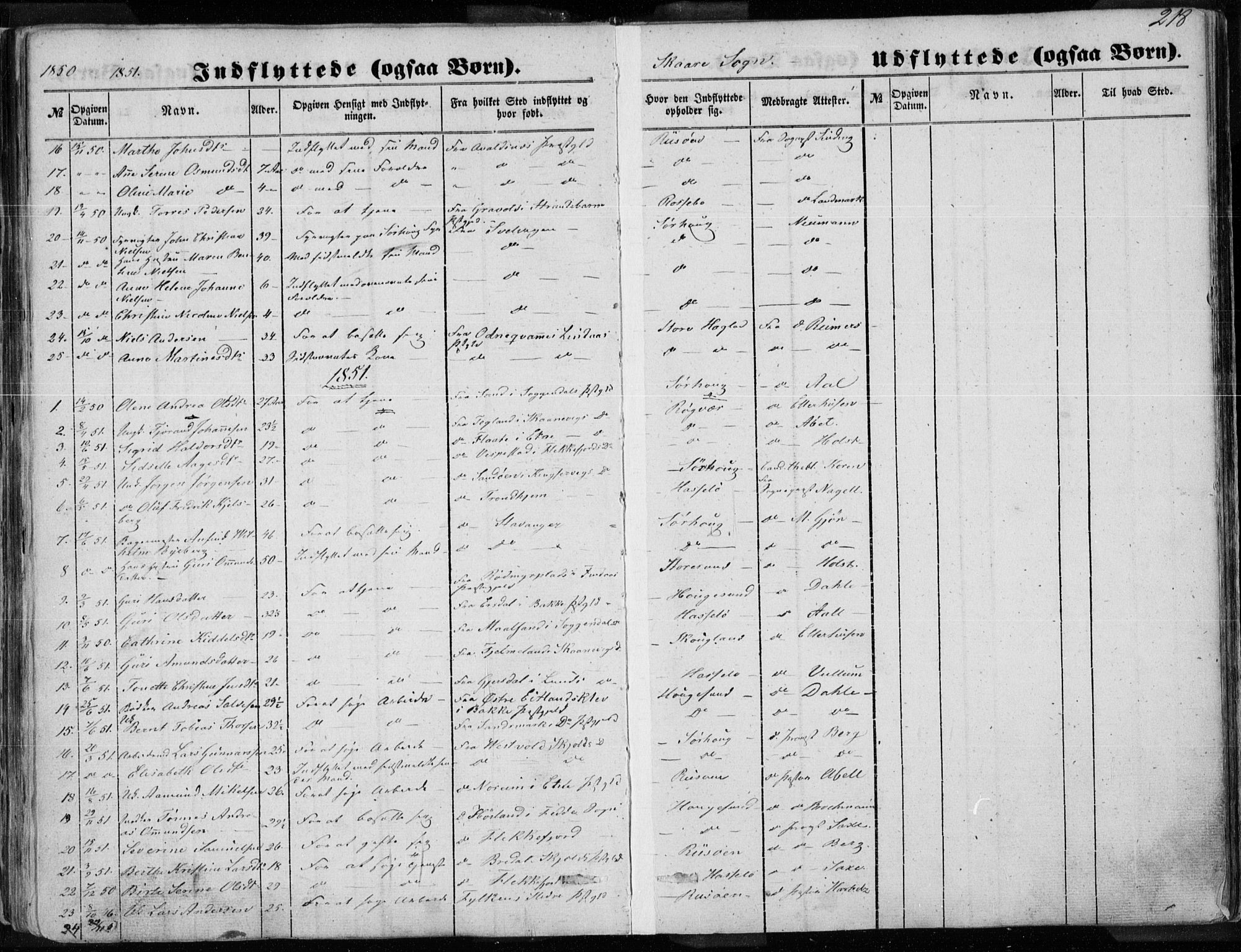 Torvastad sokneprestkontor, AV/SAST-A -101857/H/Ha/Haa/L0009: Parish register (official) no. A 9, 1847-1856, p. 218