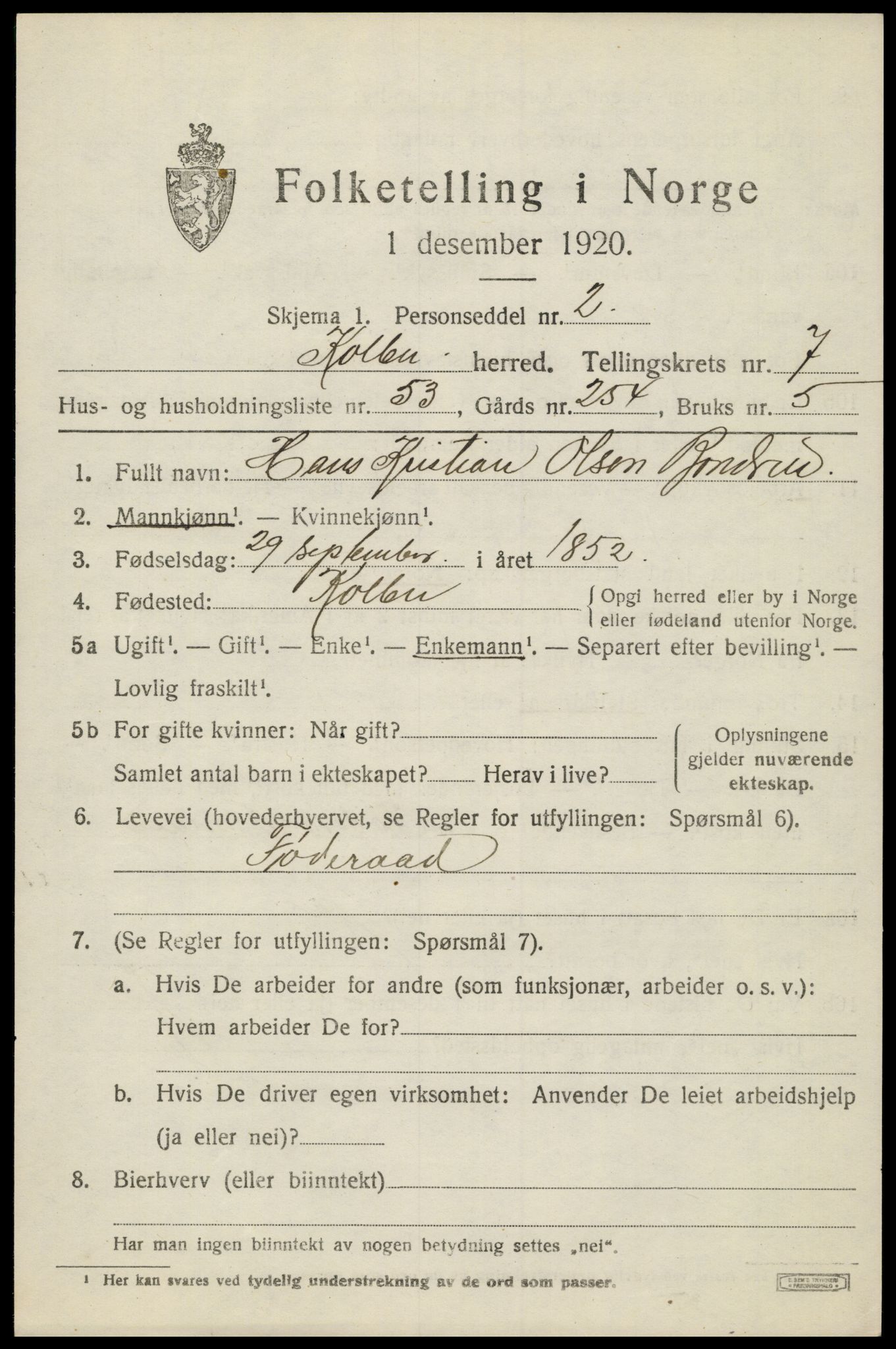 SAH, 1920 census for Kolbu, 1920, p. 5566