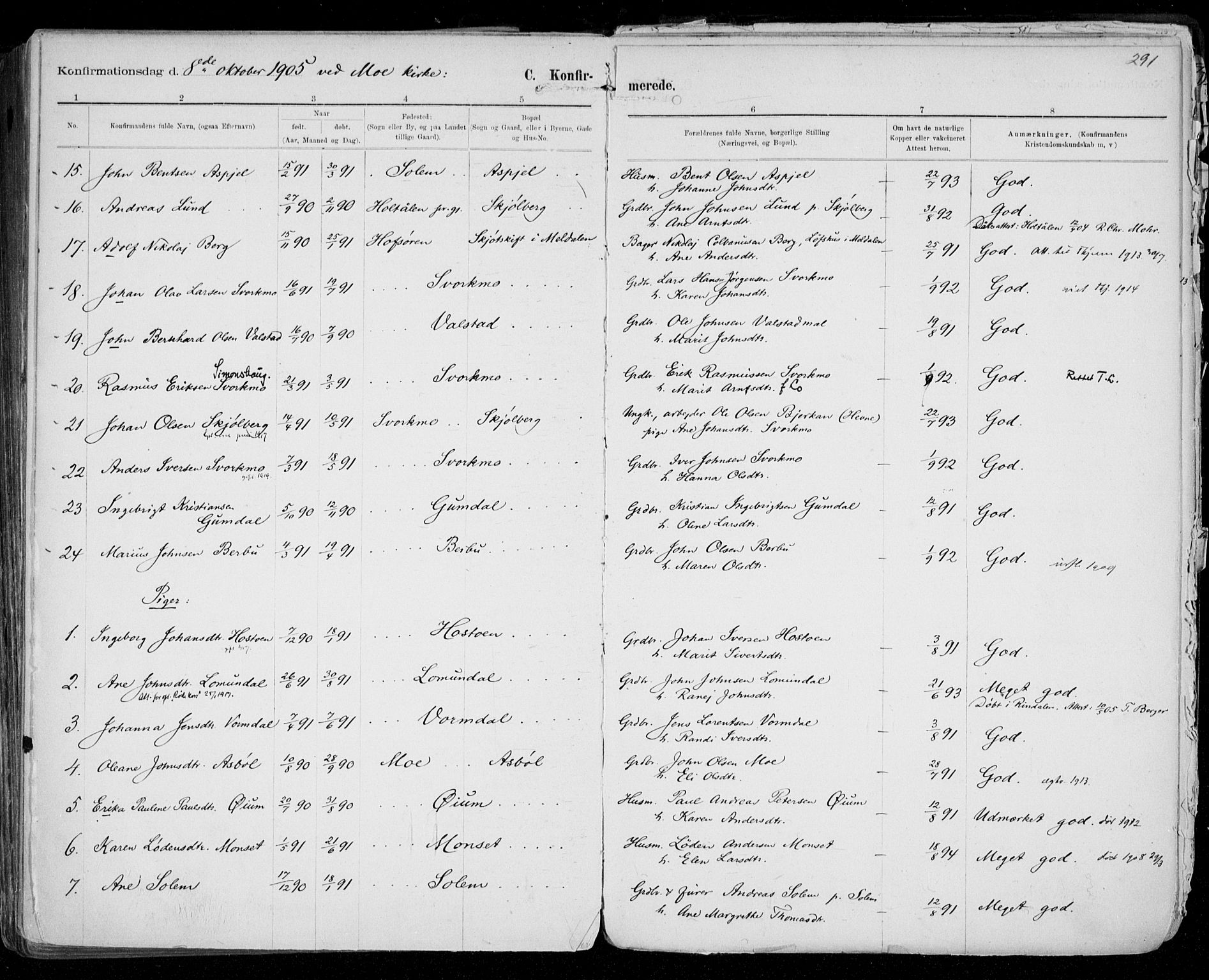 Ministerialprotokoller, klokkerbøker og fødselsregistre - Sør-Trøndelag, AV/SAT-A-1456/668/L0811: Parish register (official) no. 668A11, 1894-1913, p. 291