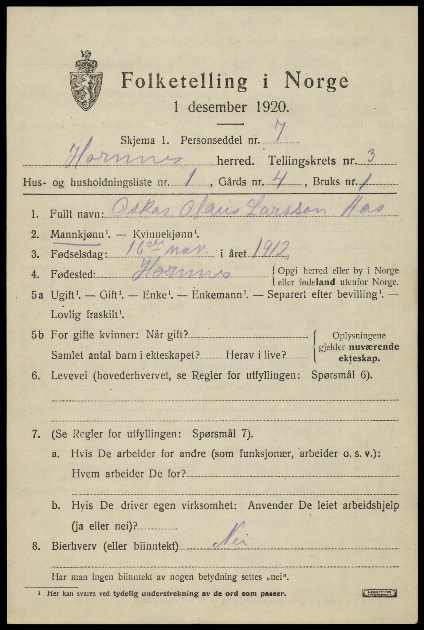 SAK, 1920 census for Hornnes, 1920, p. 815