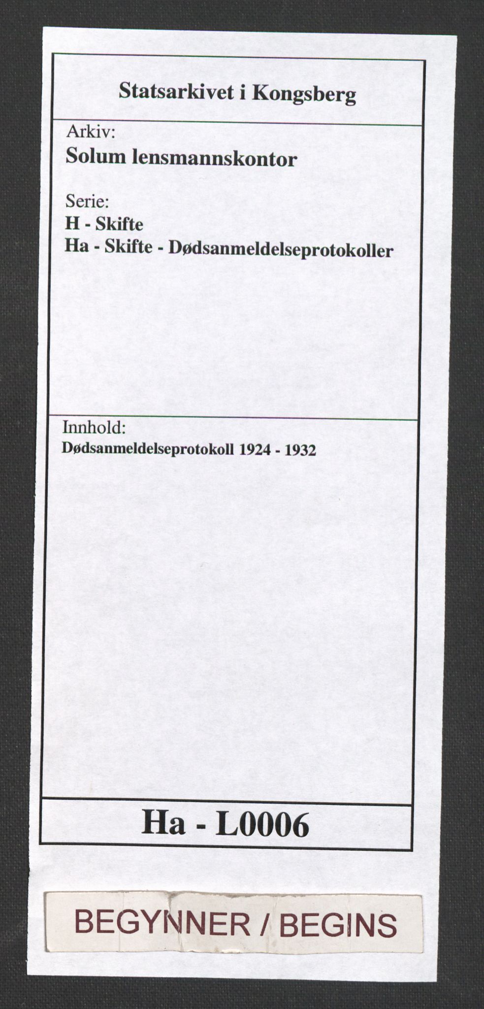 Solum lensmannskontor, AV/SAKO-A-575/H/Ha/L0006: Dødsanmeldelsesprotokoll, 1924-1932