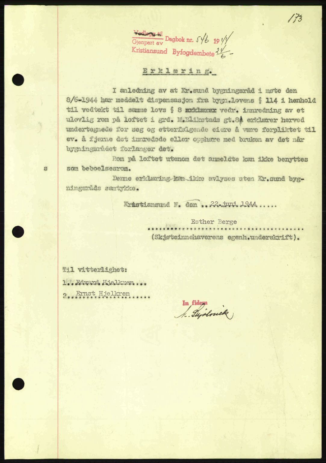 Kristiansund byfogd, SAT/A-4587/A/27: Mortgage book no. 37-38, 1943-1945, Diary no: : 546/1944