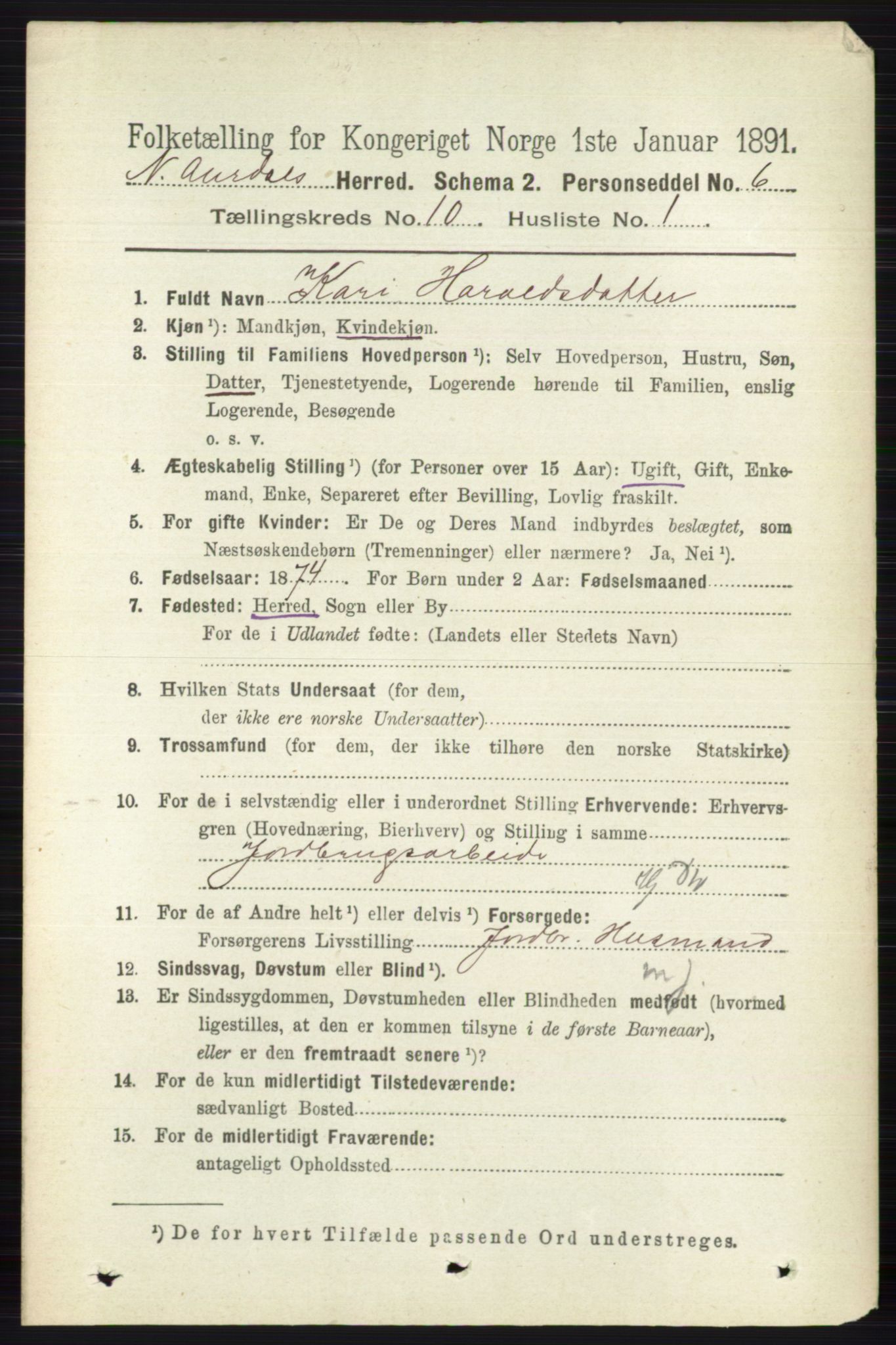 RA, 1891 census for 0542 Nord-Aurdal, 1891, p. 3736