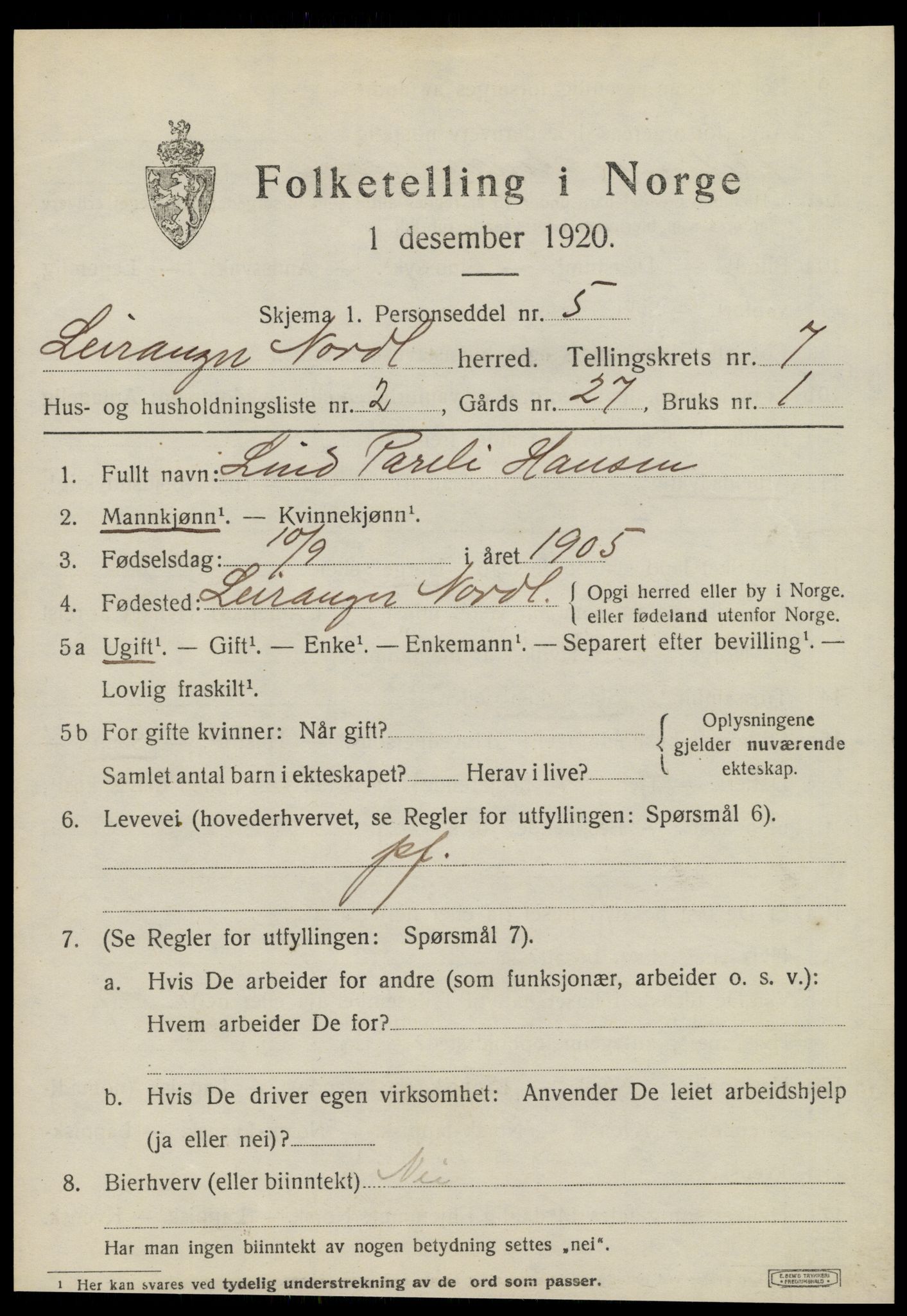 SAT, 1920 census for Leiranger, 1920, p. 2409
