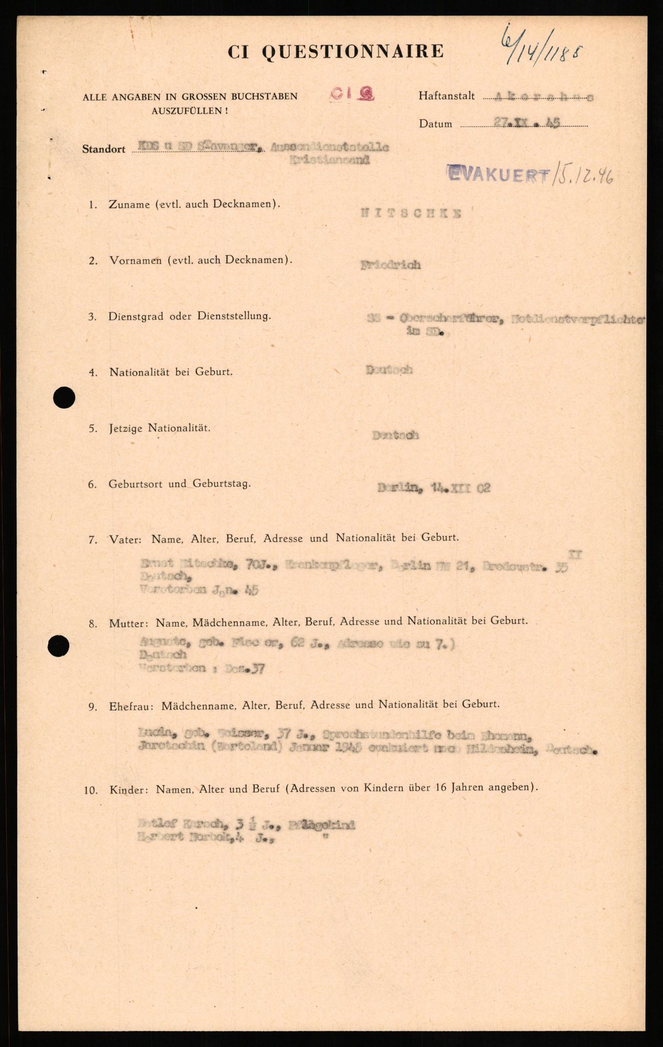 Forsvaret, Forsvarets overkommando II, AV/RA-RAFA-3915/D/Db/L0024: CI Questionaires. Tyske okkupasjonsstyrker i Norge. Tyskere., 1945-1946, p. 181